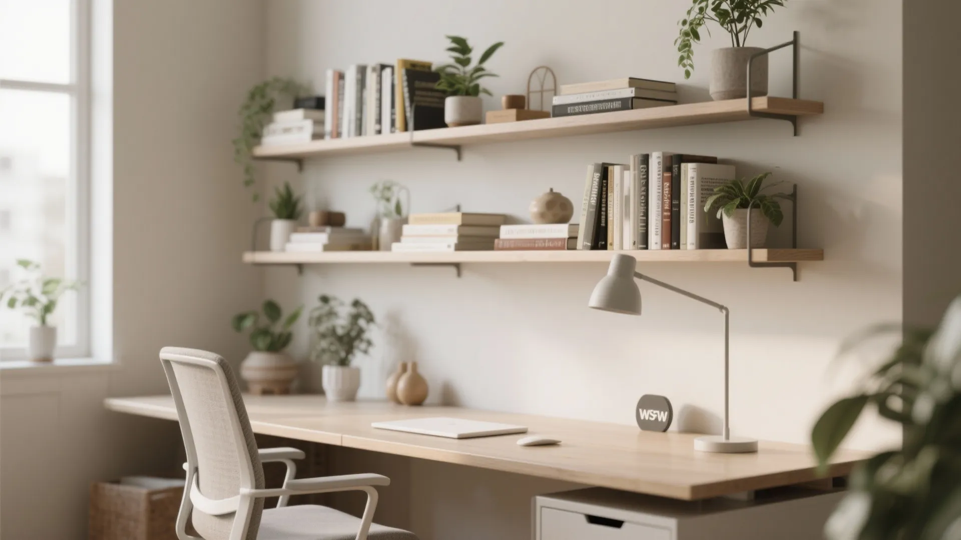 Minimalist home office workspace featuring wooden wall shelves with books plants and a desk lamp