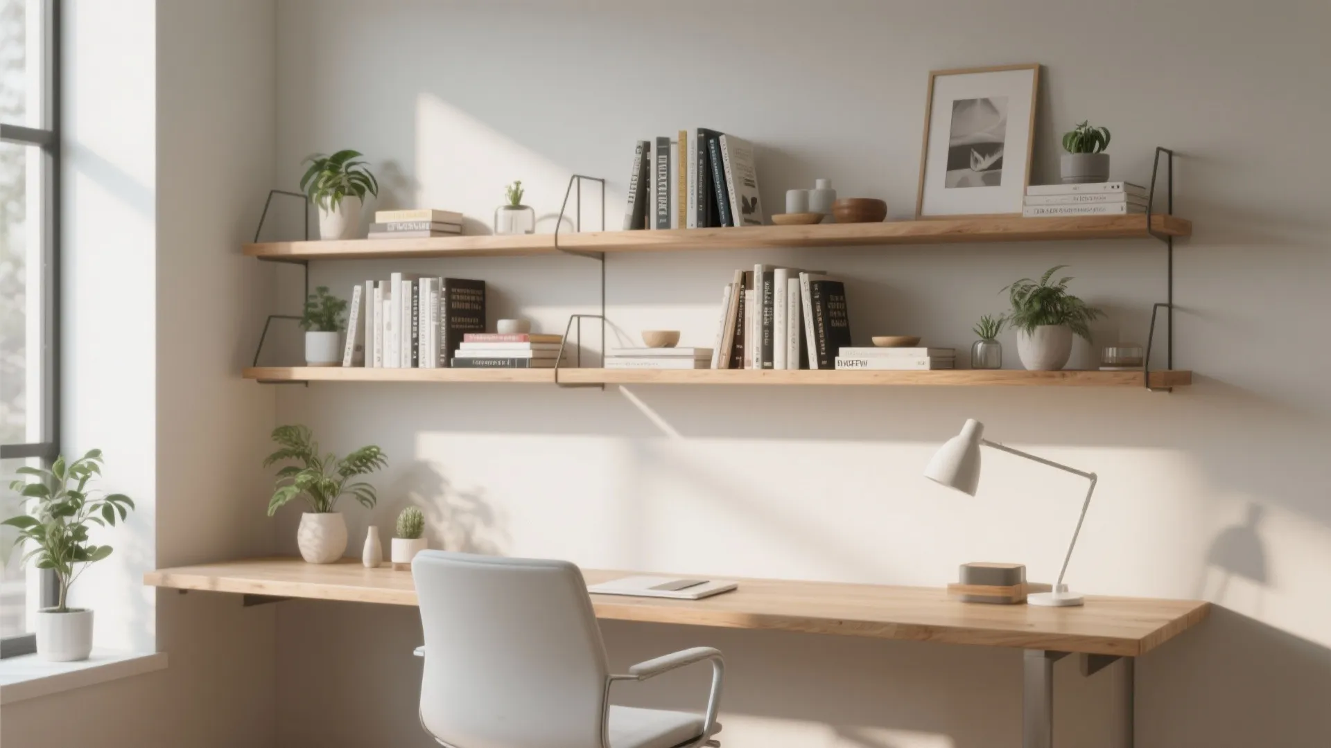 Minimalist home office with wooden desk white chair wall floating shelves books and green plants