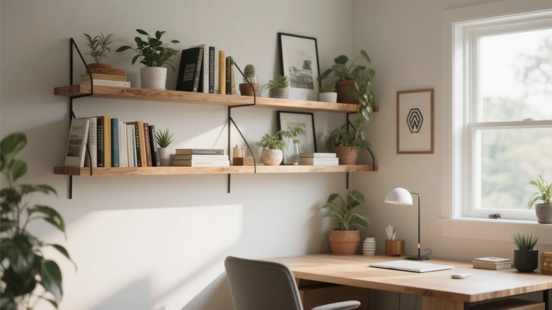Home office workspace with wooden wall shelves holding books small plants and a desk lamp