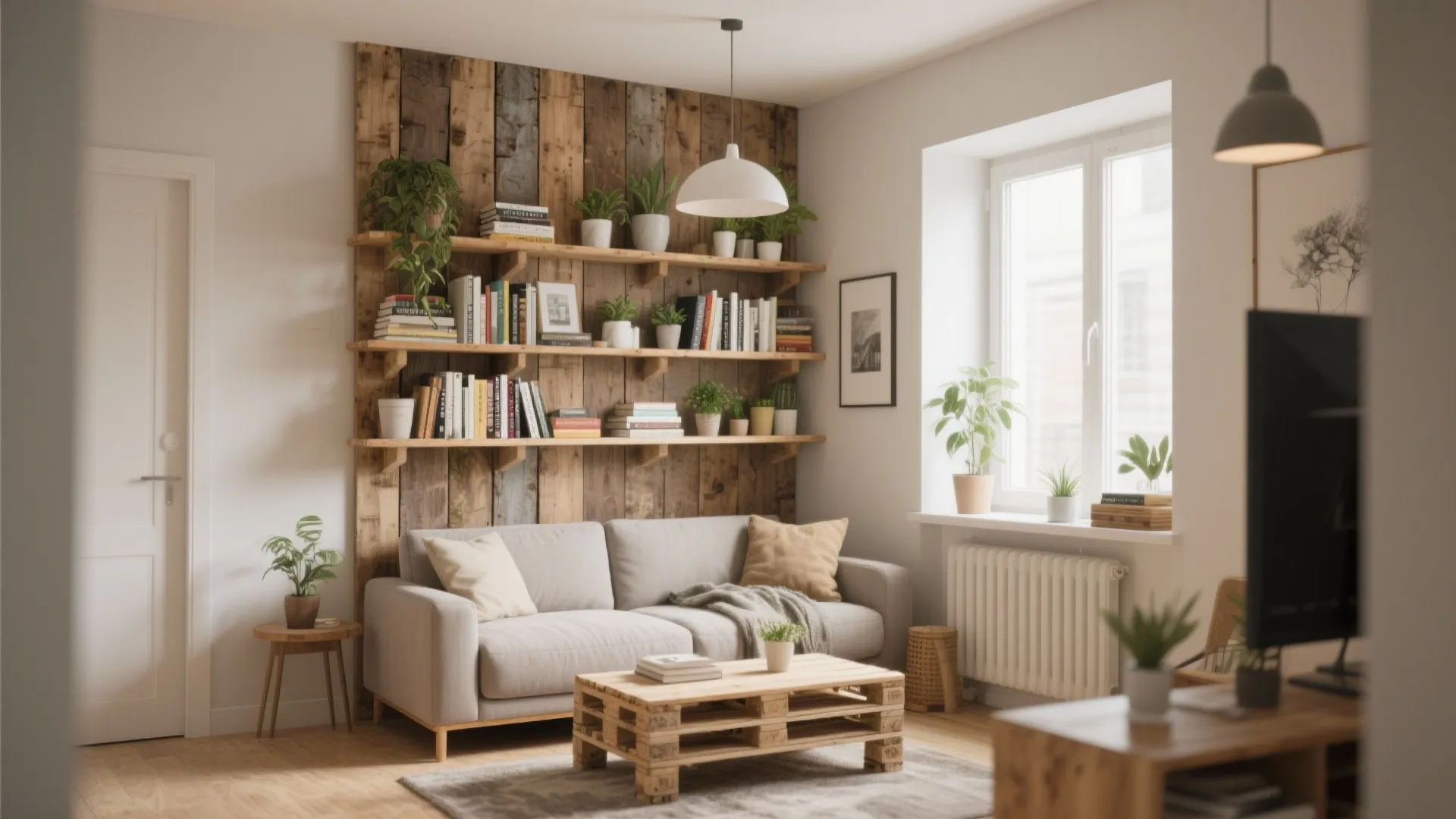 Small living room with grey sofa wooden wall shelves holding books green plants and white light
