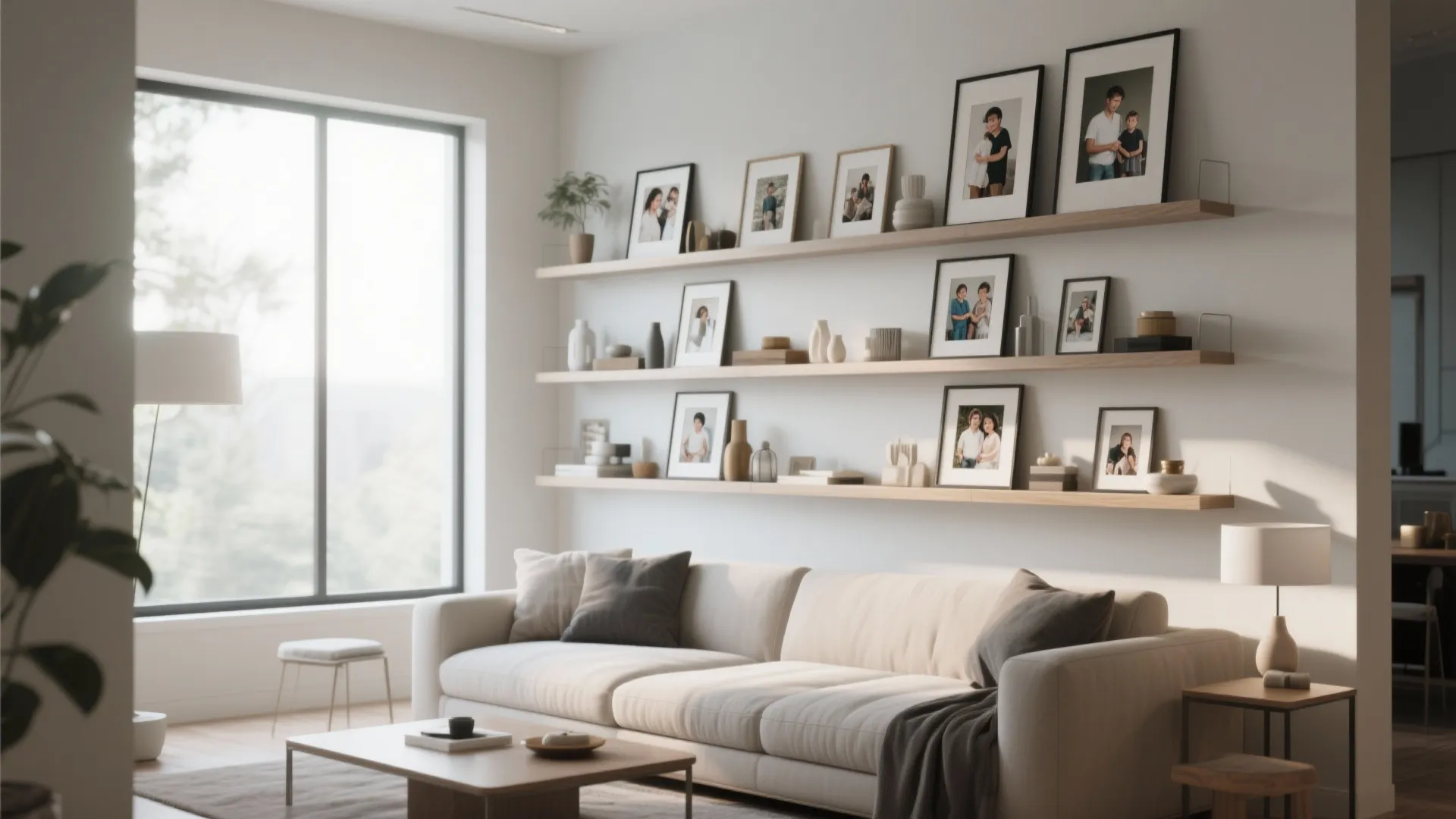 Modern living room featuring three wooden floating wall shelves with family photos and small decorations