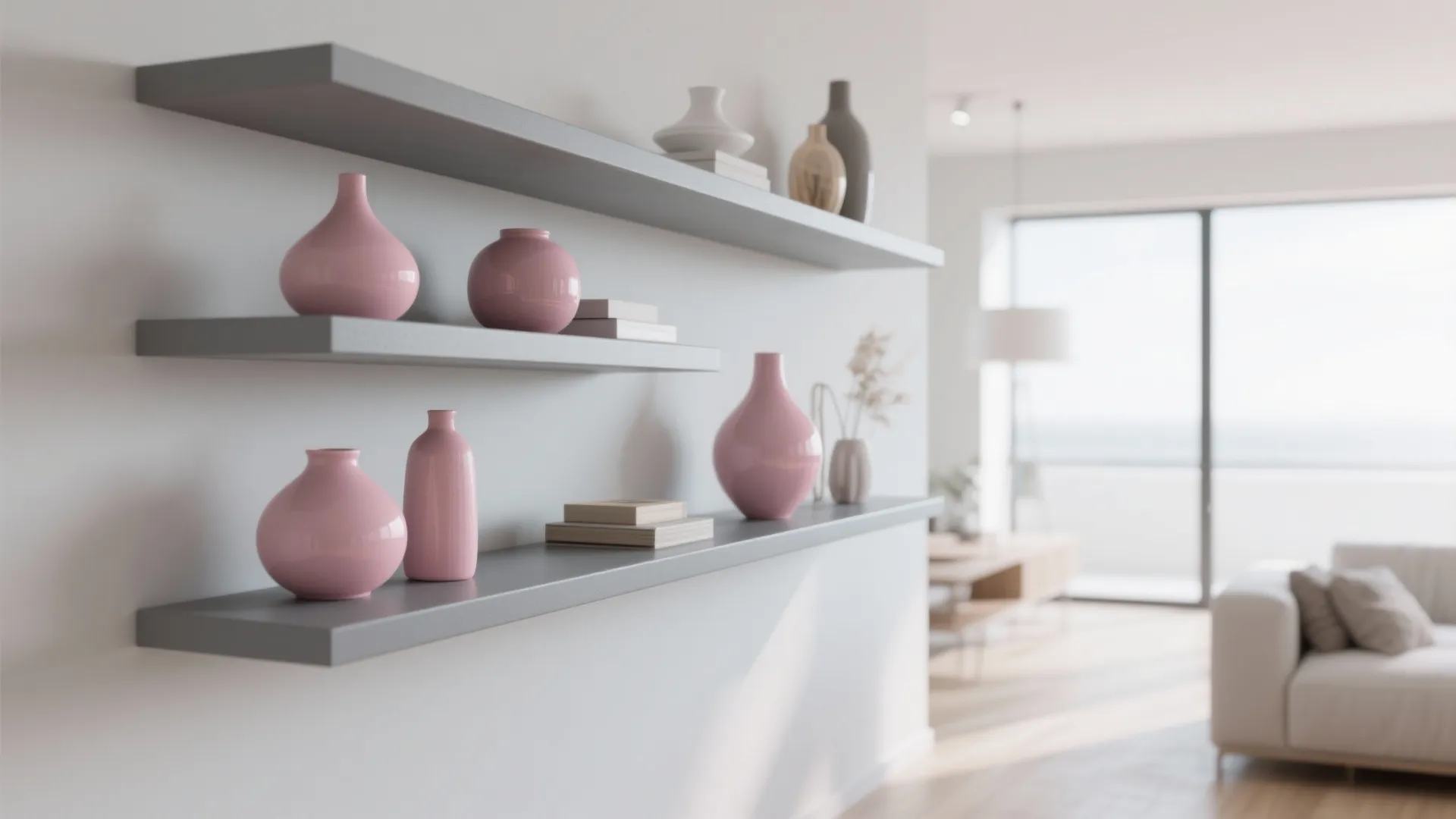 Minimalist floating shelves with pink accessories