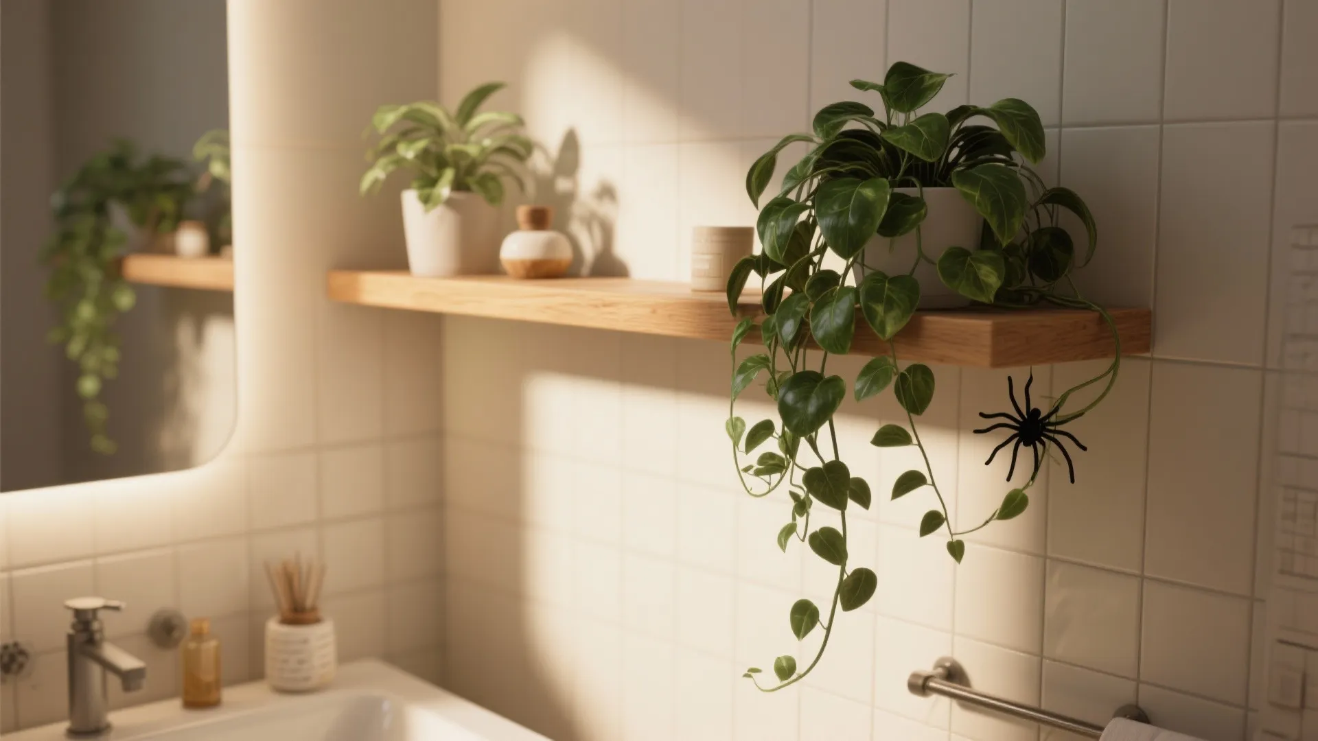 Wooden wall shelf with green leafy plants in a bathroom with white wall square tiles
