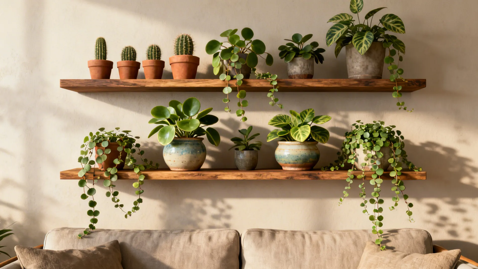 3. Floating Shelves with a Curated Plant Mix