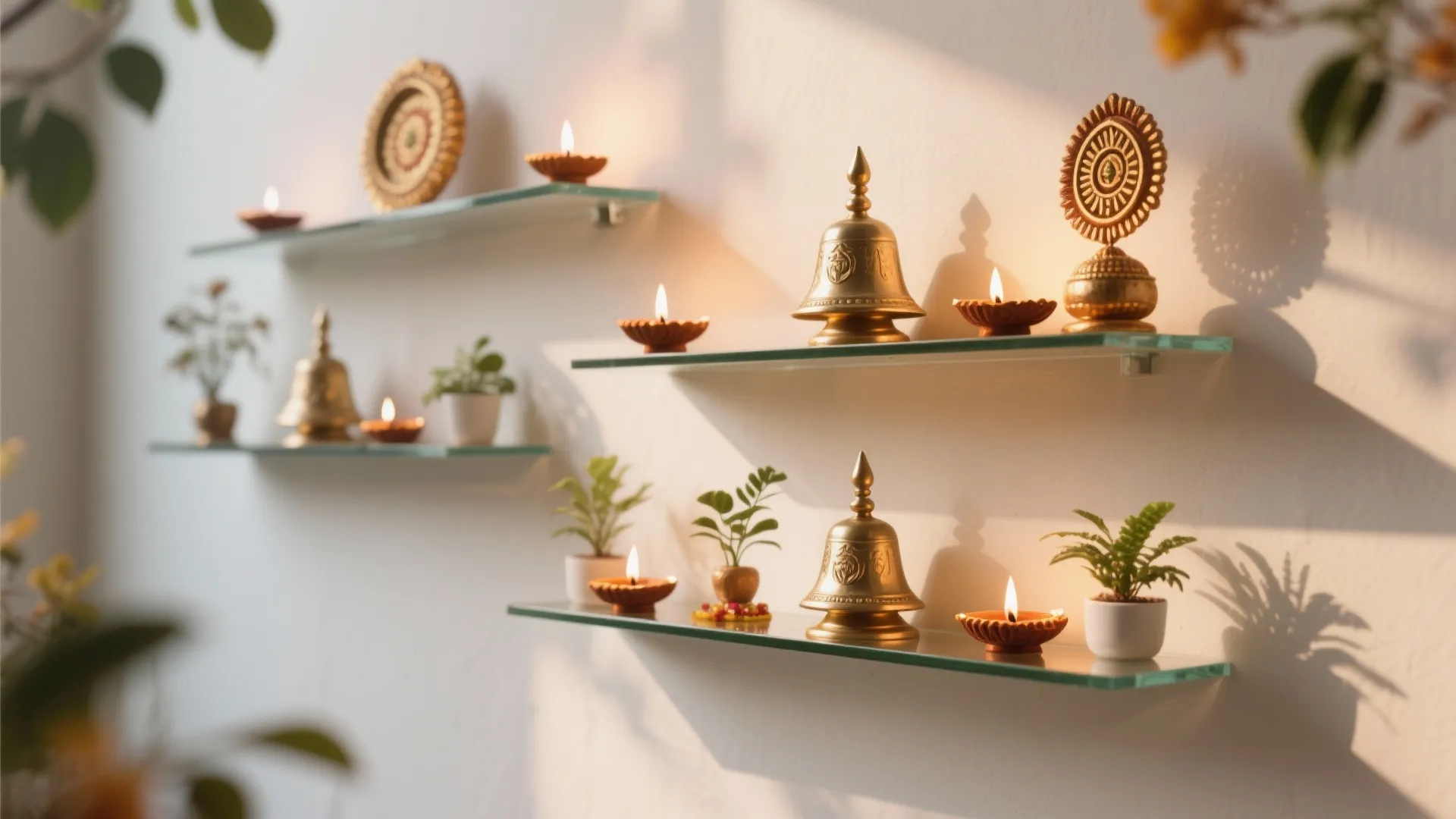 Modern white wall with glass floating shelves holding small plants and gold prayer room bells