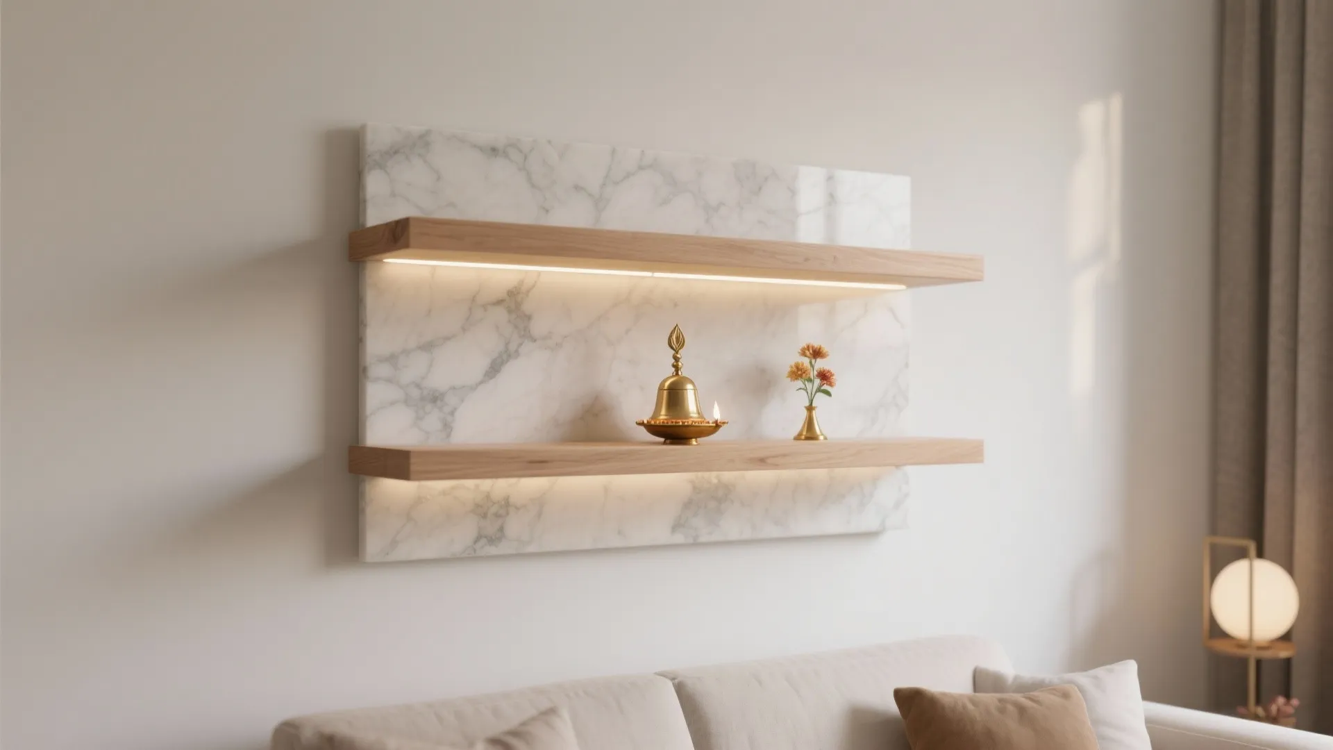 Modern marble wall panel with two wooden floating shelves holding a gold bell and flowers