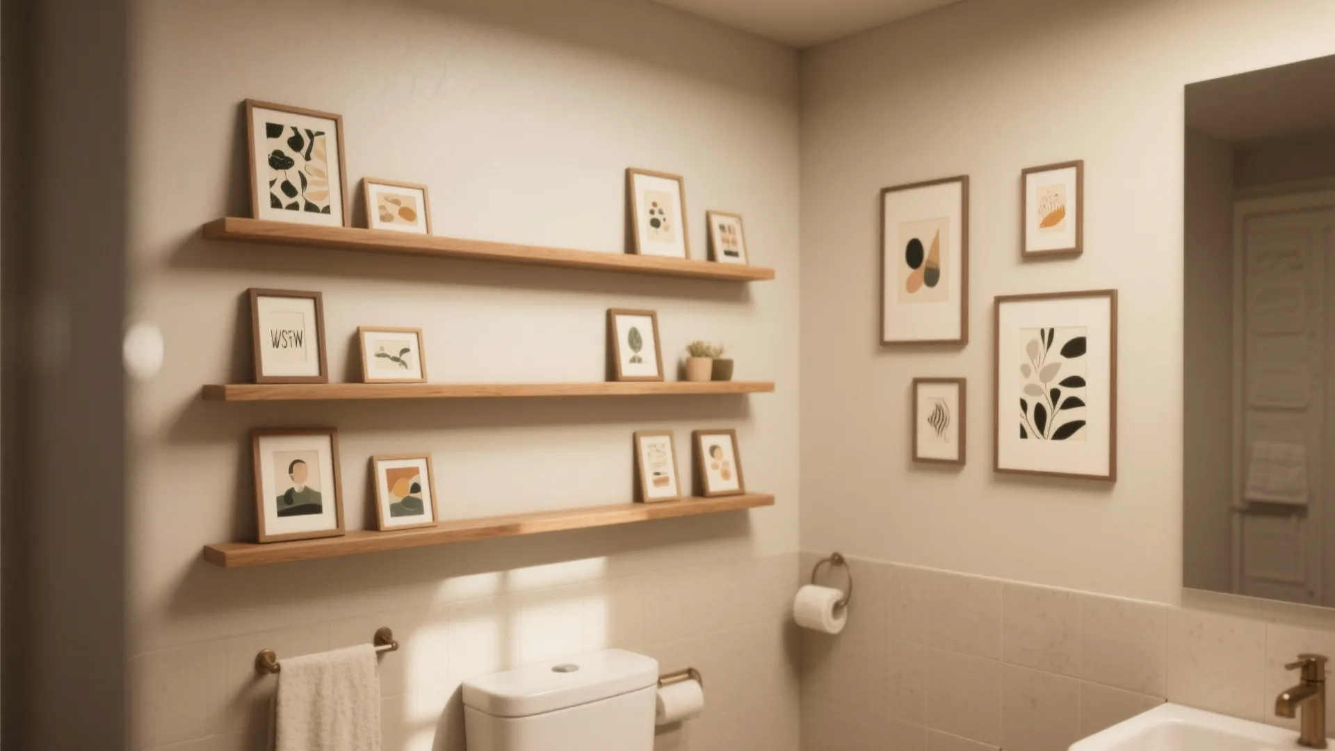 Slim floating shelves with mini art prints in a small bathroom