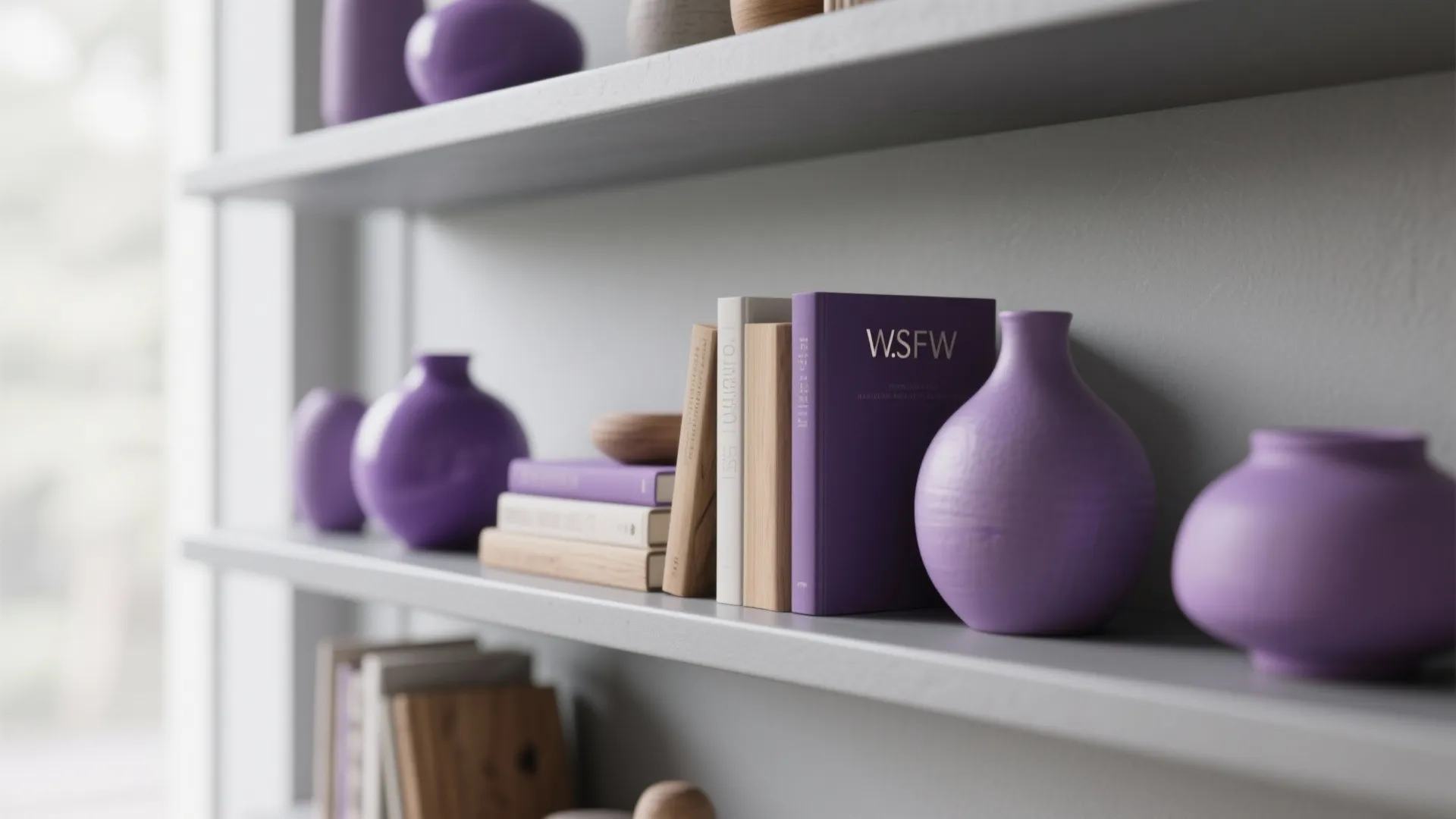 6. Floating Shelves with Purple Decor Pieces