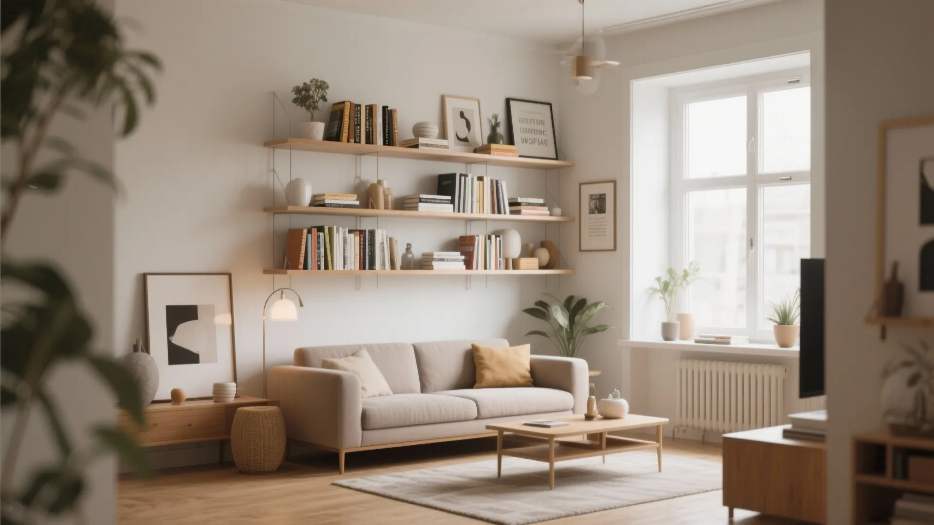 Cozy living room with beige sofa wooden coffee table and wall shelves holding many books
