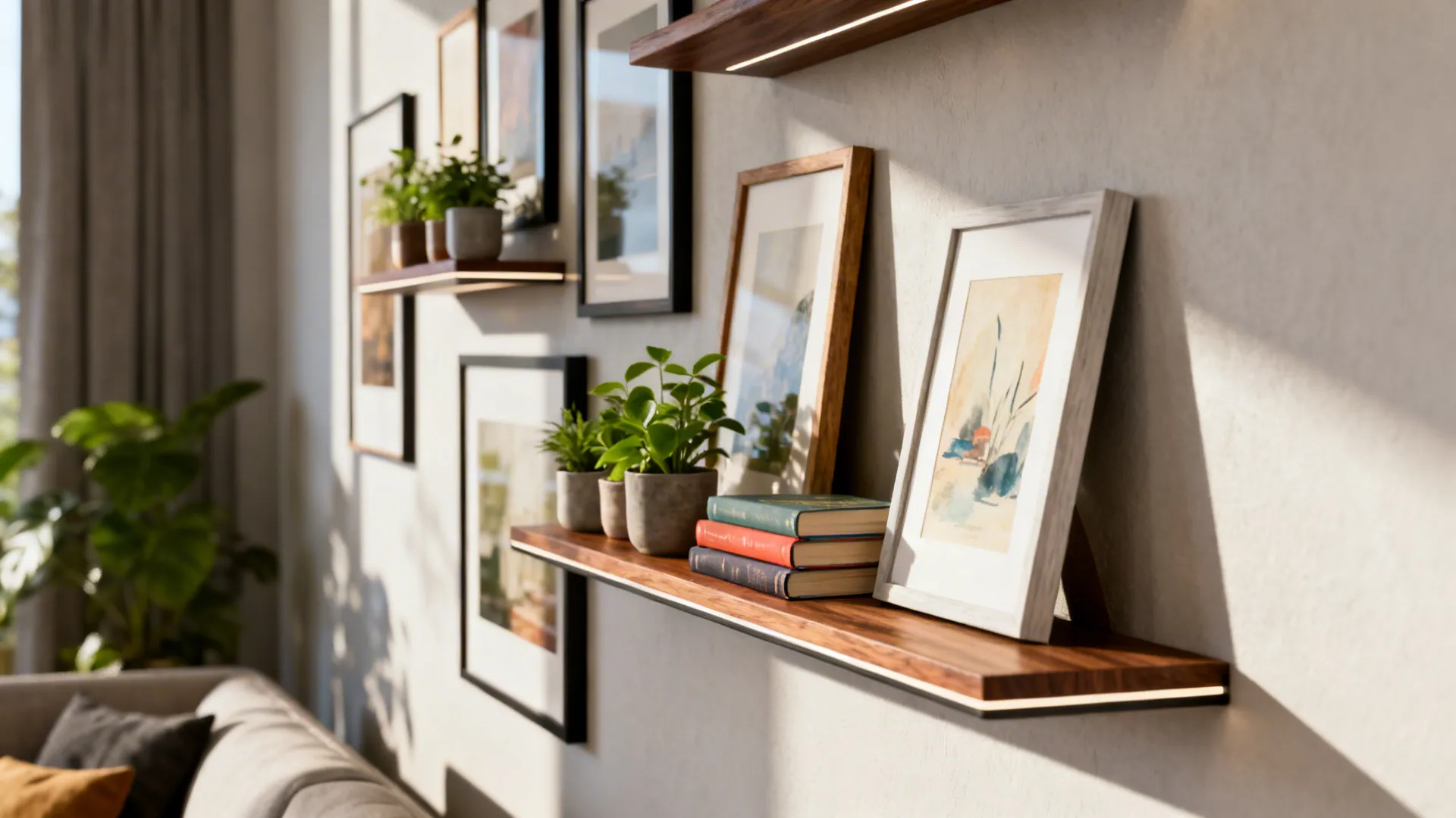 Slim floating shelves with layered framed prints, books and plants in a narrow living room