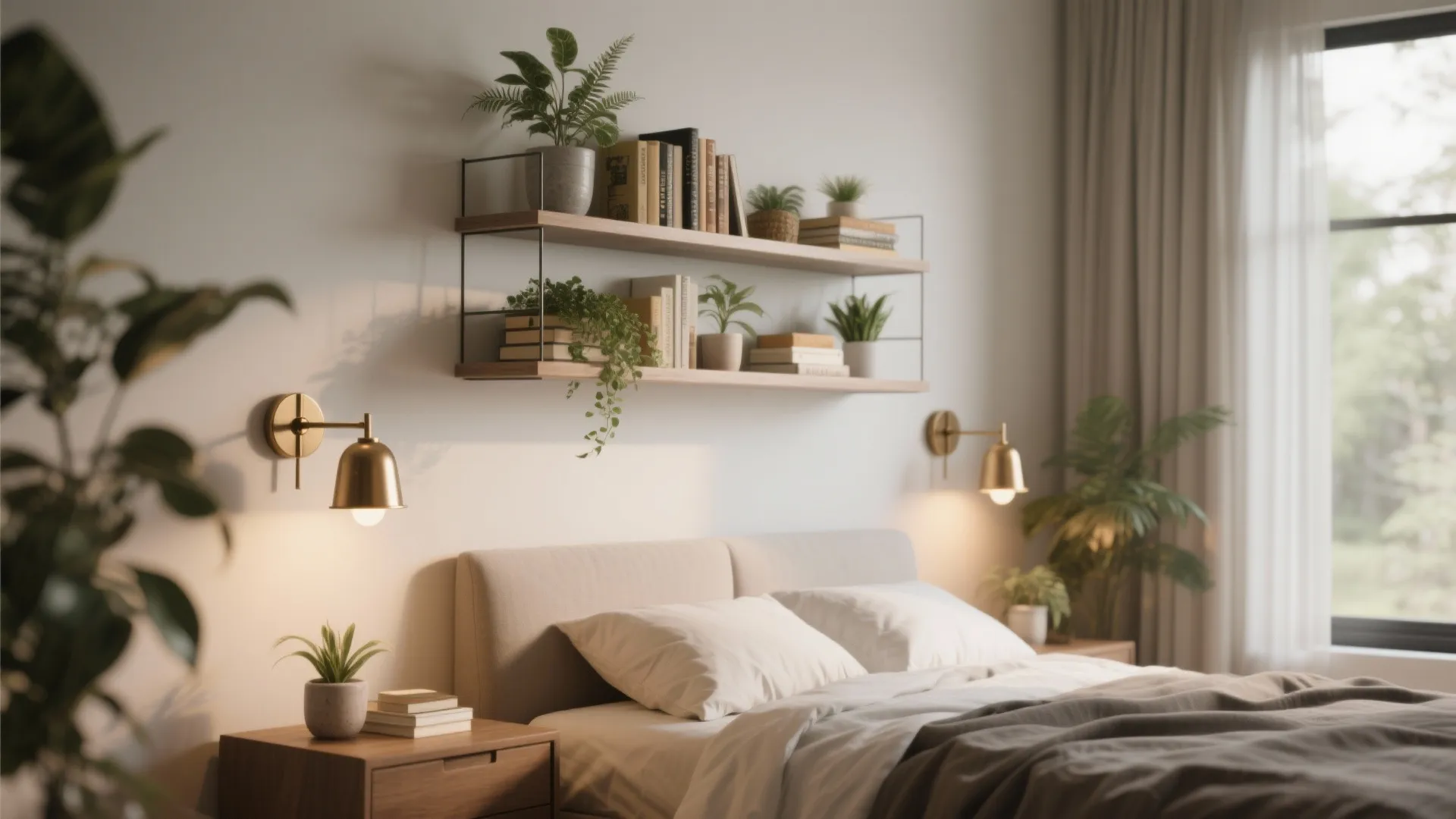 5. Floating shelves and wall-mounted lighting
