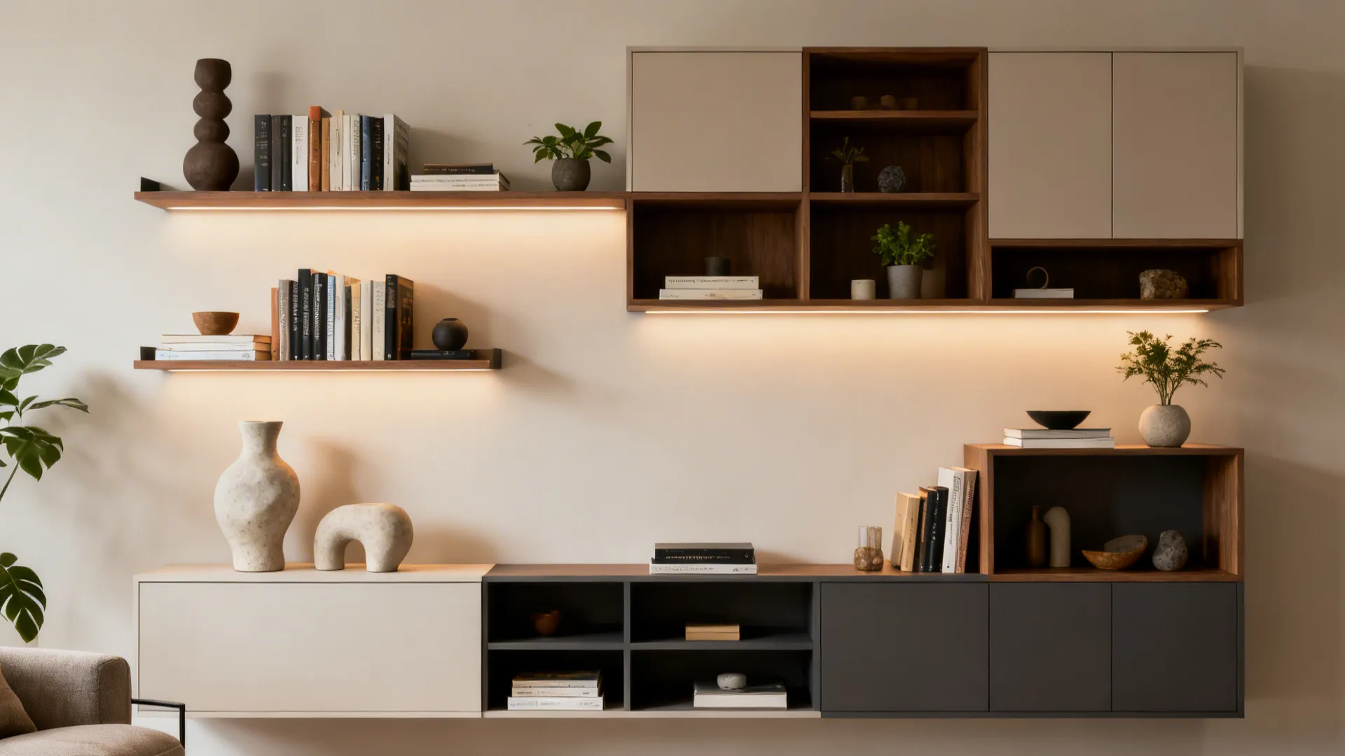 Floating shelves layered with books, plants, and sculptural pieces on a large living room wall.