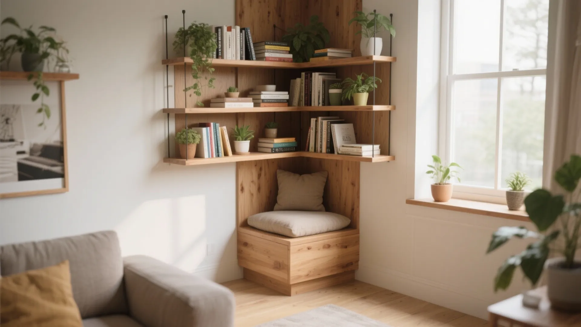 Cozy wooden corner reading nook with floating shelves filled with books and several green plants