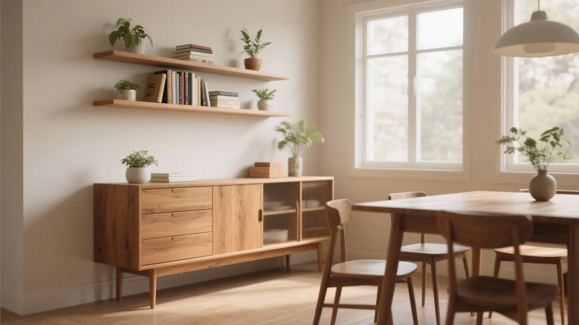 1. Floating Shelves Over a Sideboard