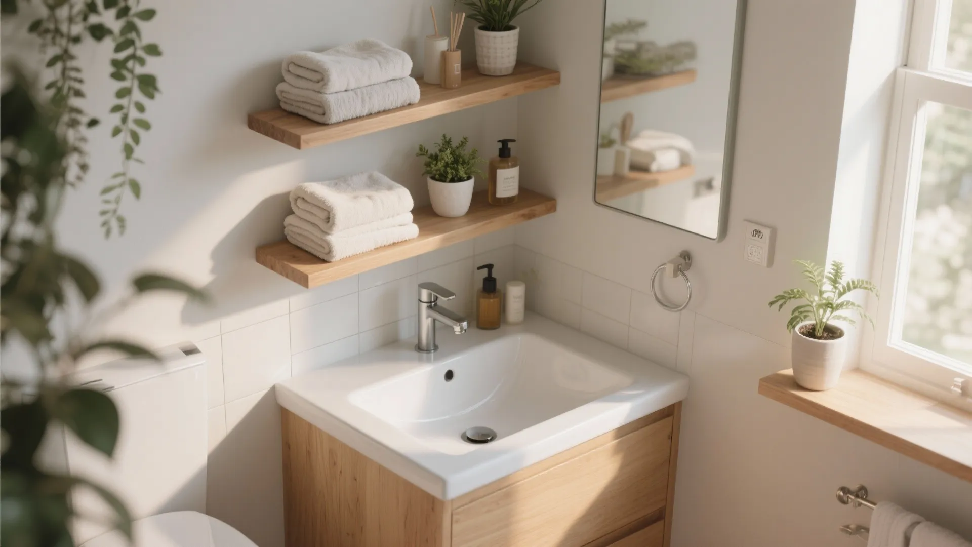 Bright bathroom with white sink wooden cabinet floating shelves rolled white towels and small green plants