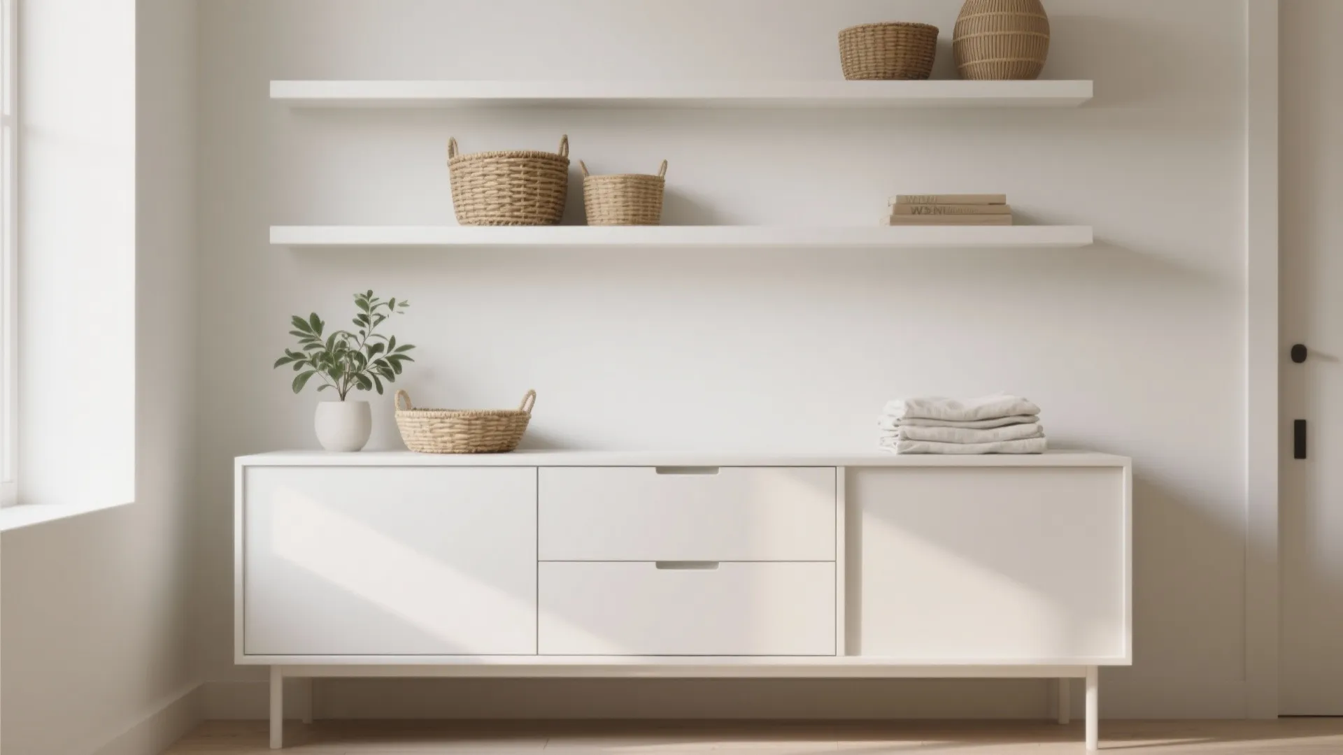 3. Minimalist Floating Shelves and a Slim Dresser