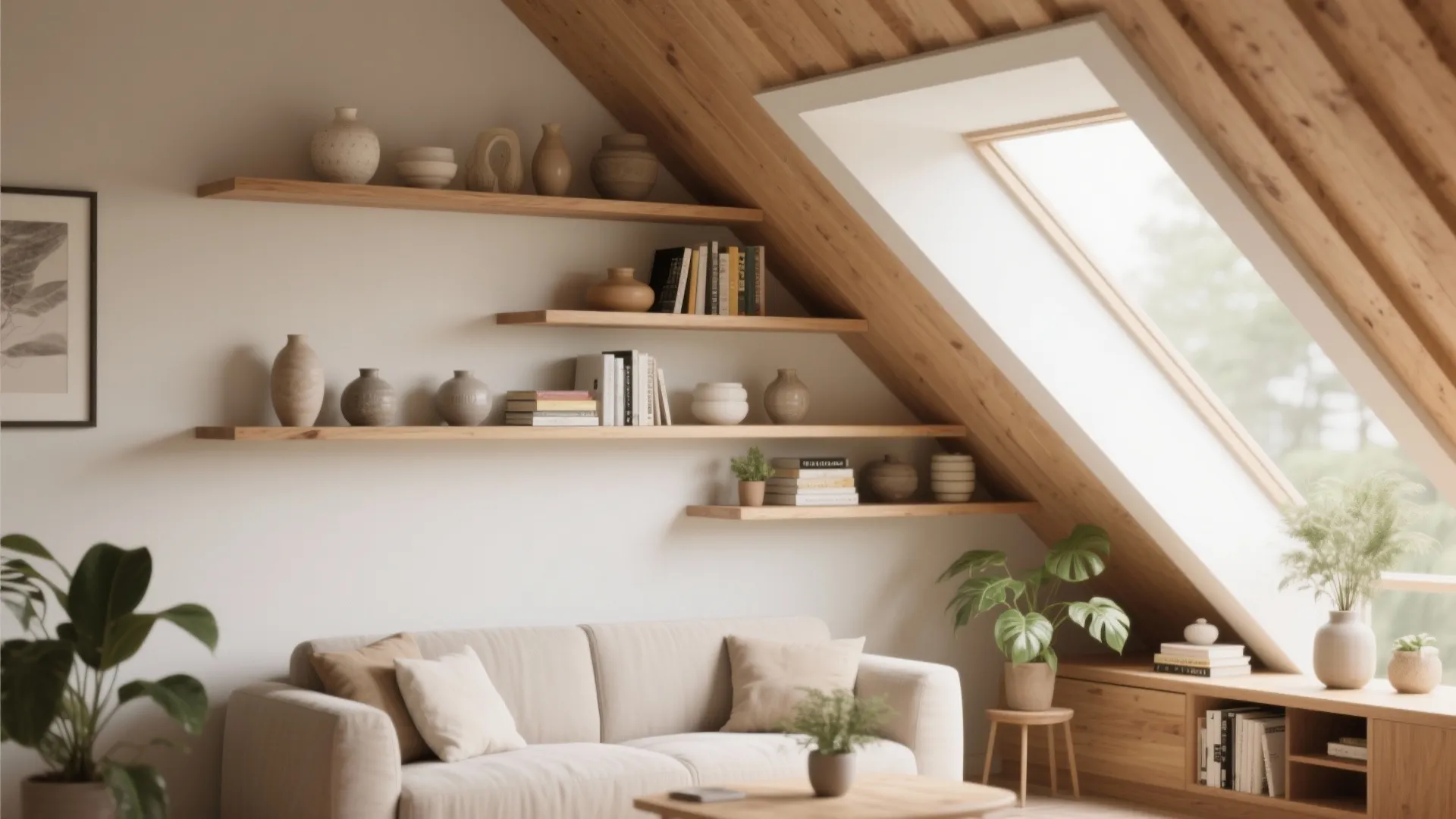 Beige sofa under wooden floating shelves holding vases and books in a bright attic room