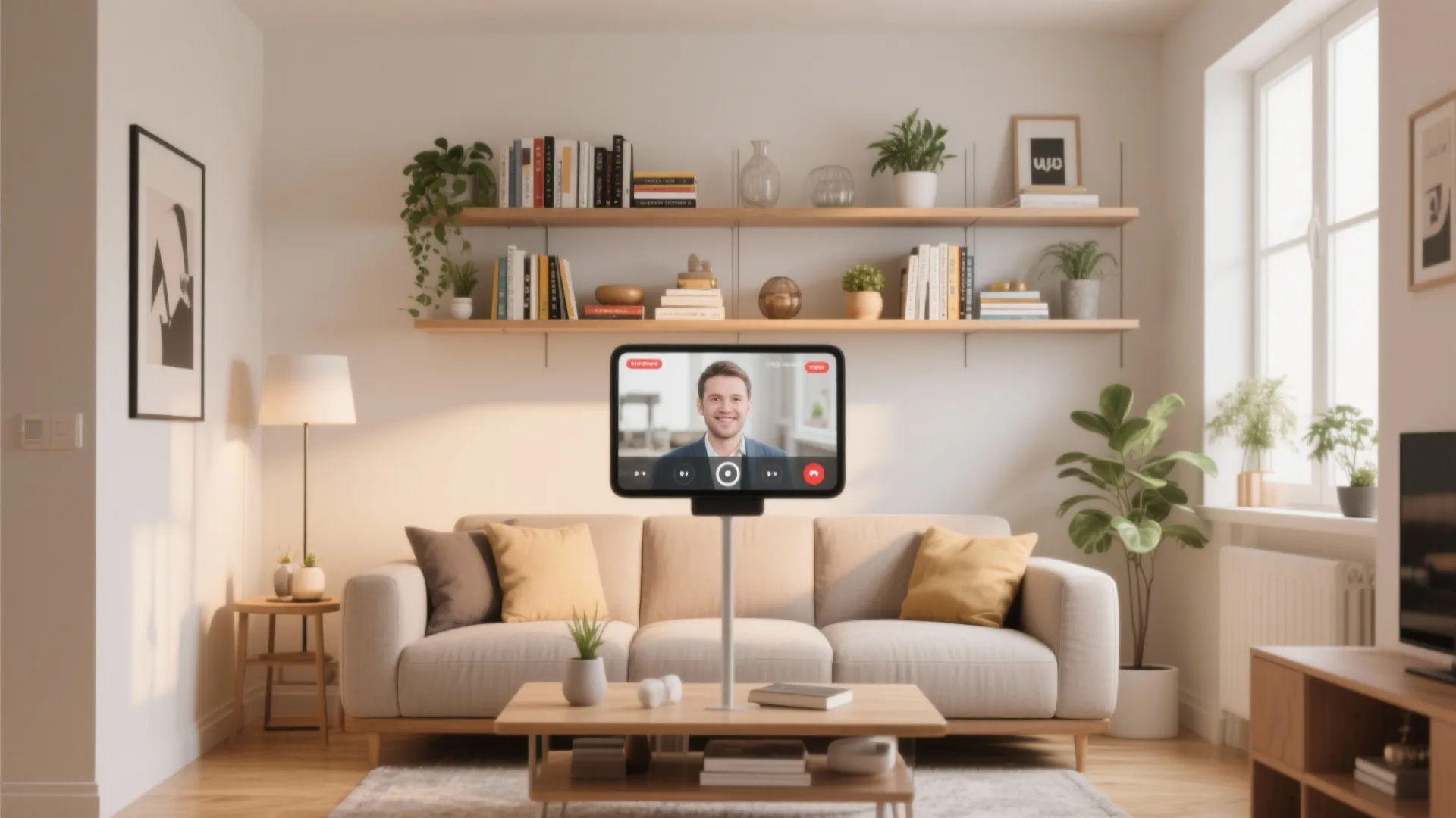 Bright living room featuring a beige sofa, wooden wall shelves, and a tablet on stand