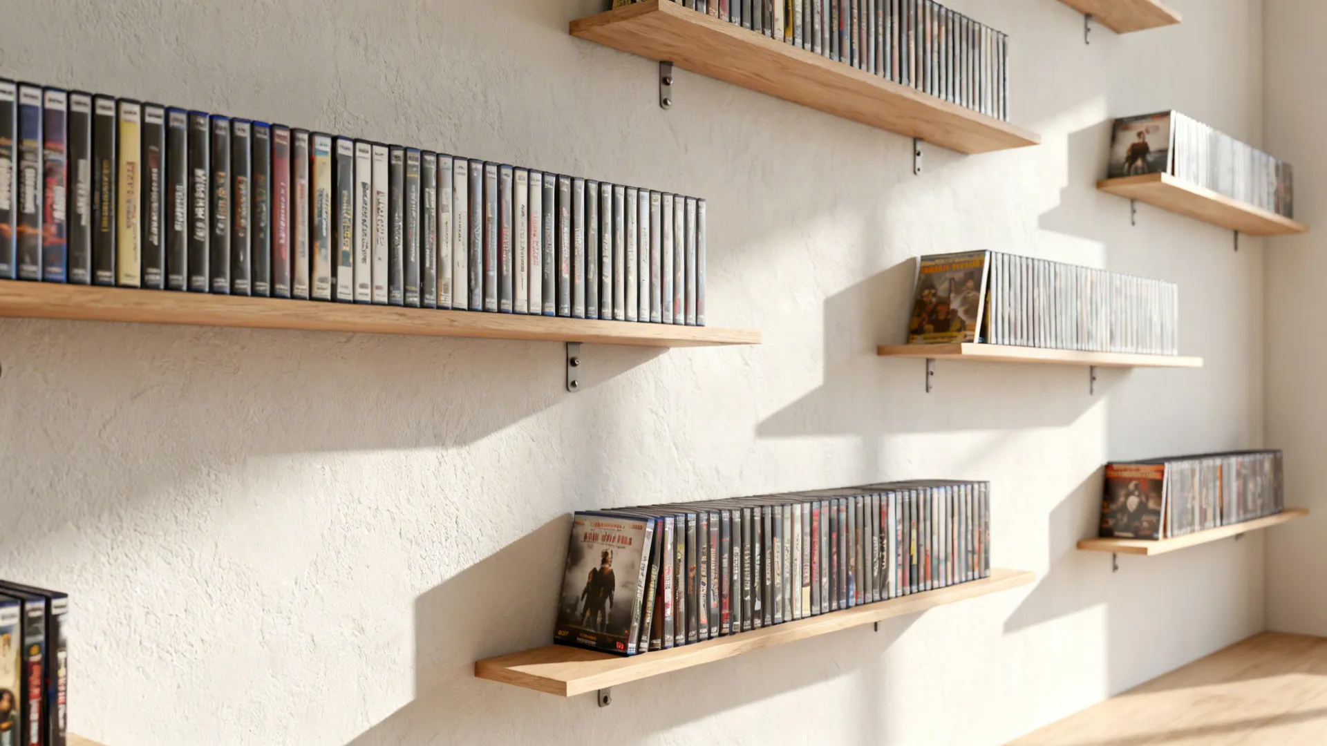 Staggered wooden wall shelves on a white textured wall filled with many movies and games