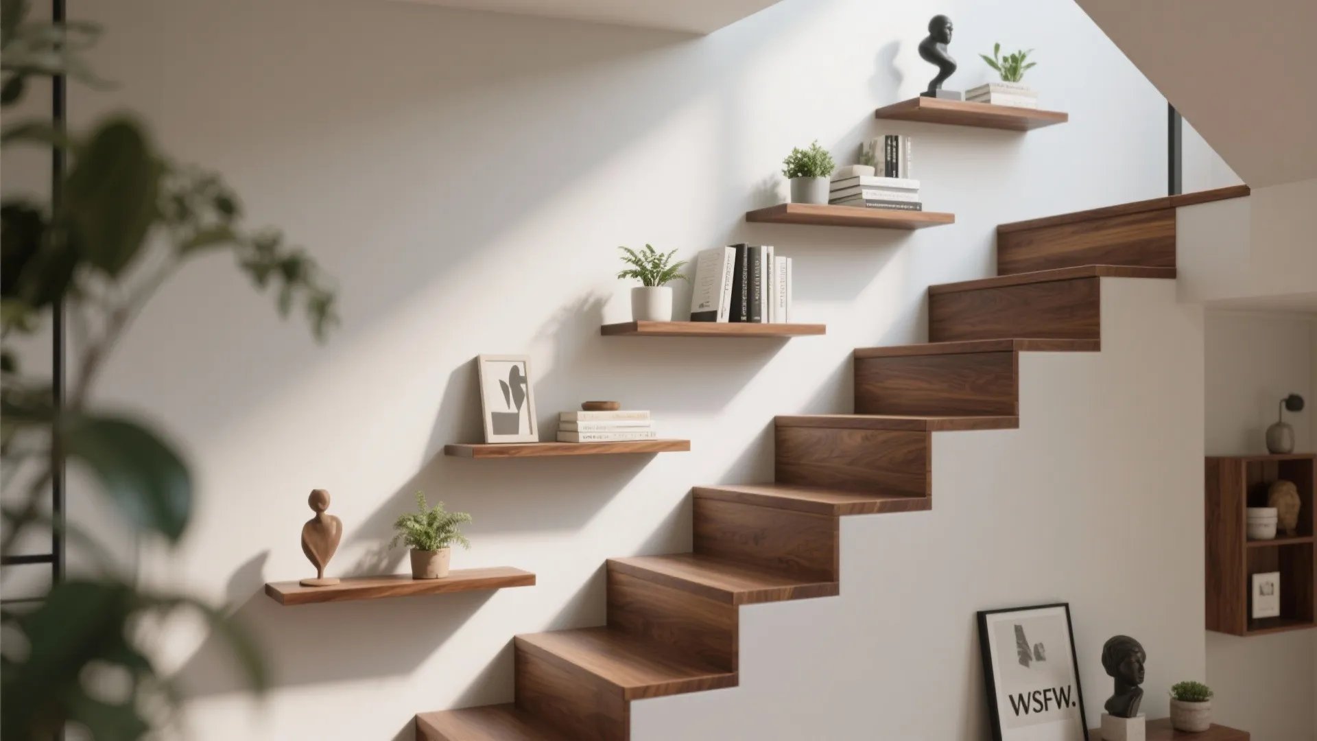 Wooden staircase with staggered wall shelves holding small plants and books in a bright room