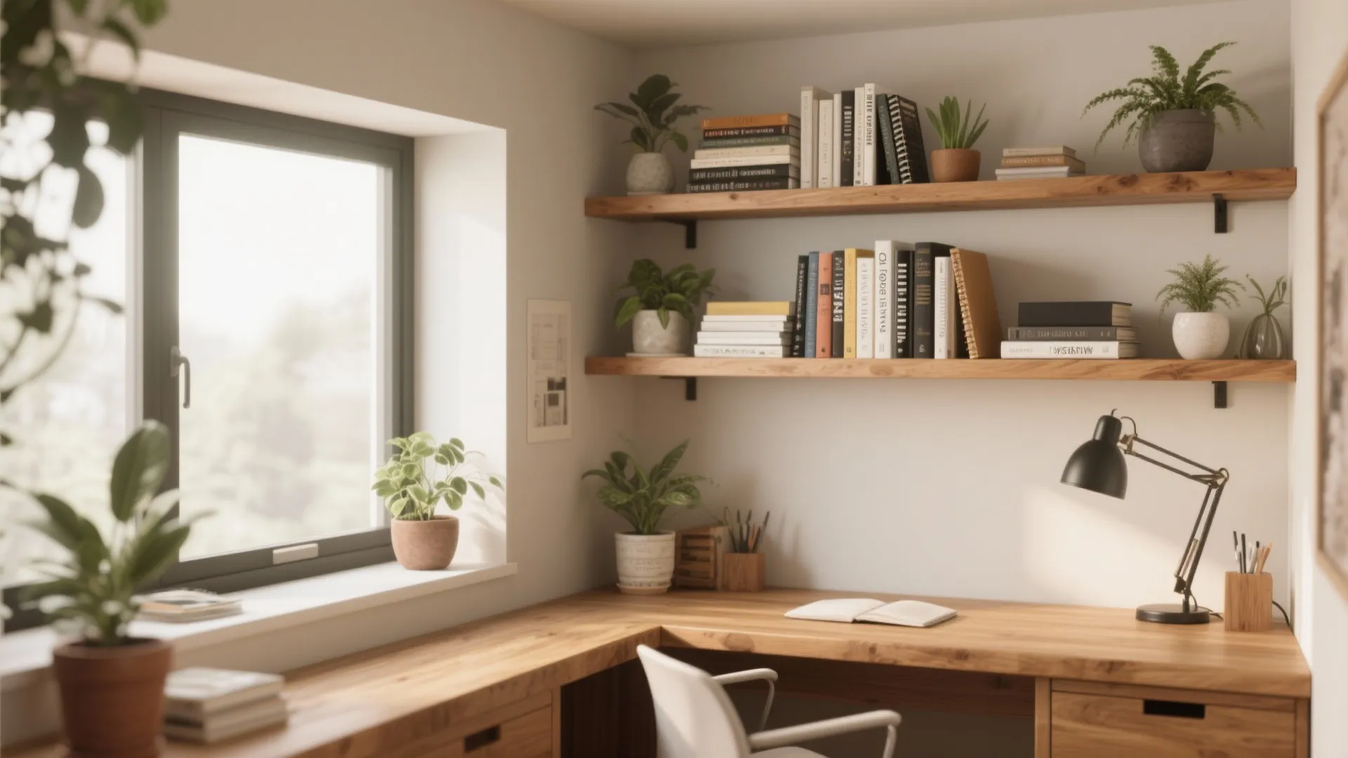 Wooden corner desk with floating shelves holding books potted plants and a black desk lamp