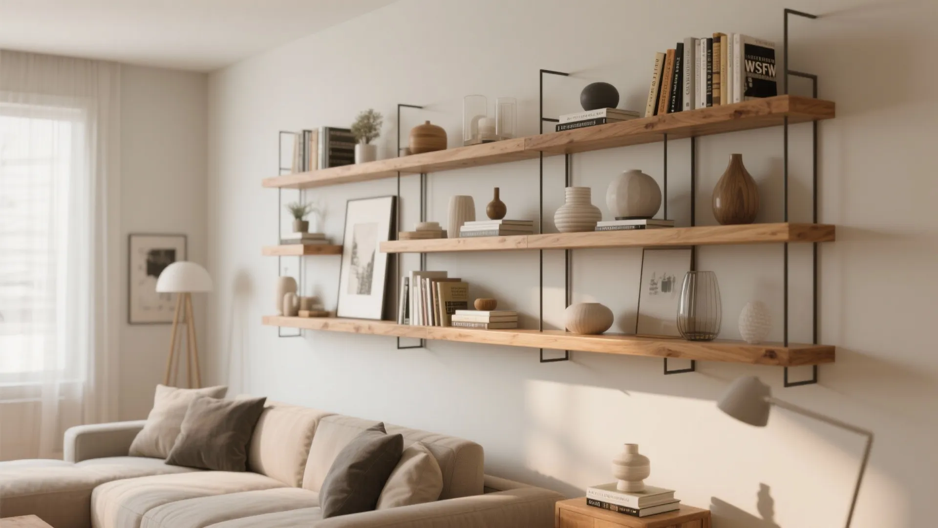 Long wooden wall shelves holding books vases and small art above a light grey sofa
