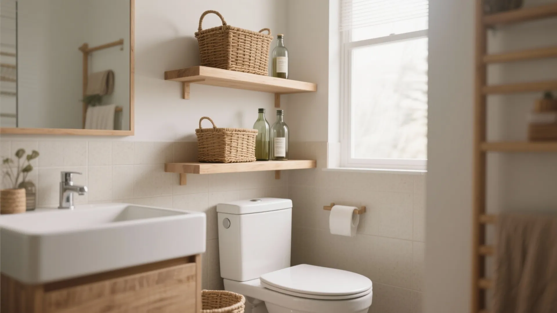 Modern bathroom featuring wooden floating shelves with woven baskets above a white toilet and sink
