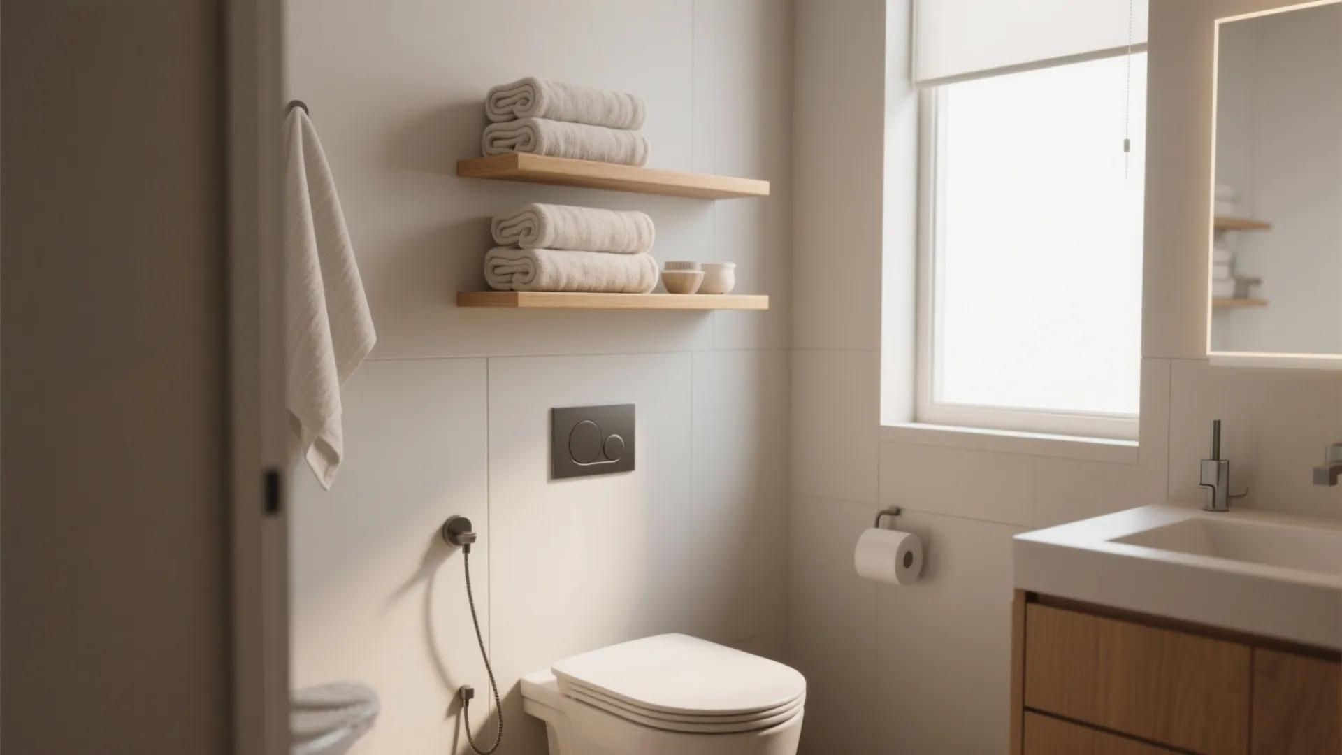 Modern white bathroom with wooden floating shelves holding towels above a toilet with flush buttons