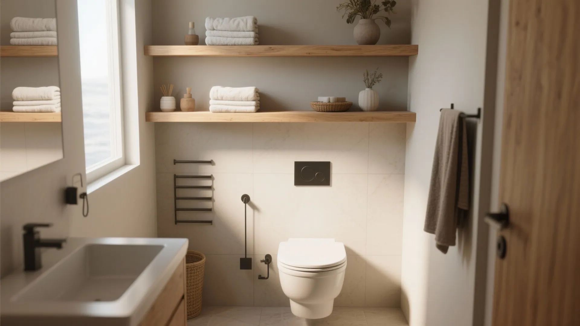 Minimalist bathroom with wooden floating shelves over toilet showing folded towels and small decor items