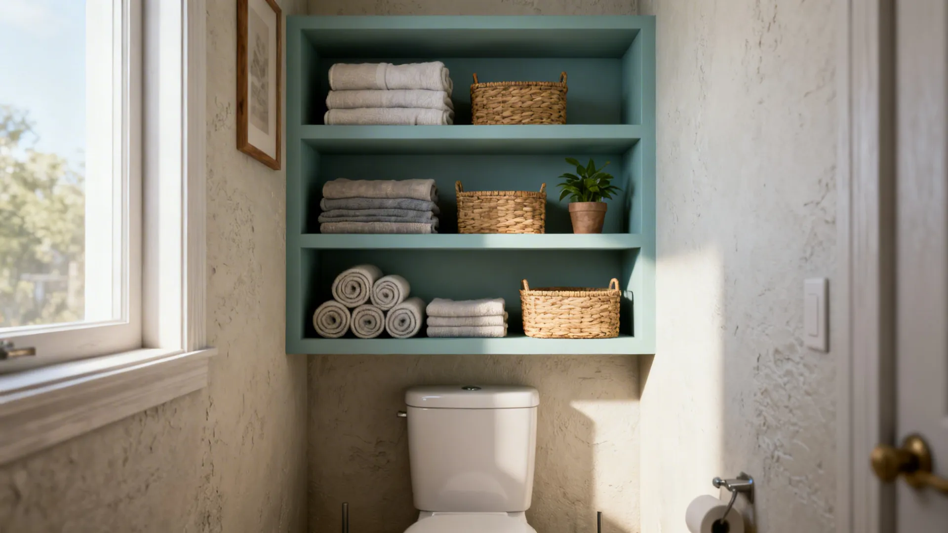 Floating shelves above a toilet with rolled towels, baskets, and a small plant in a tiny bathroom.