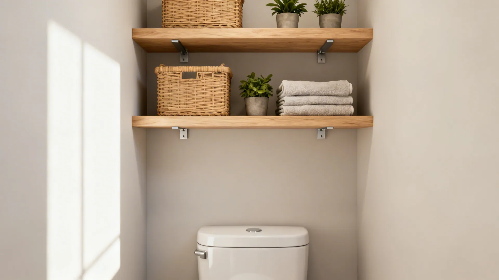 Floating wood shelves above a toilet holding baskets and plants in a small bathroom.