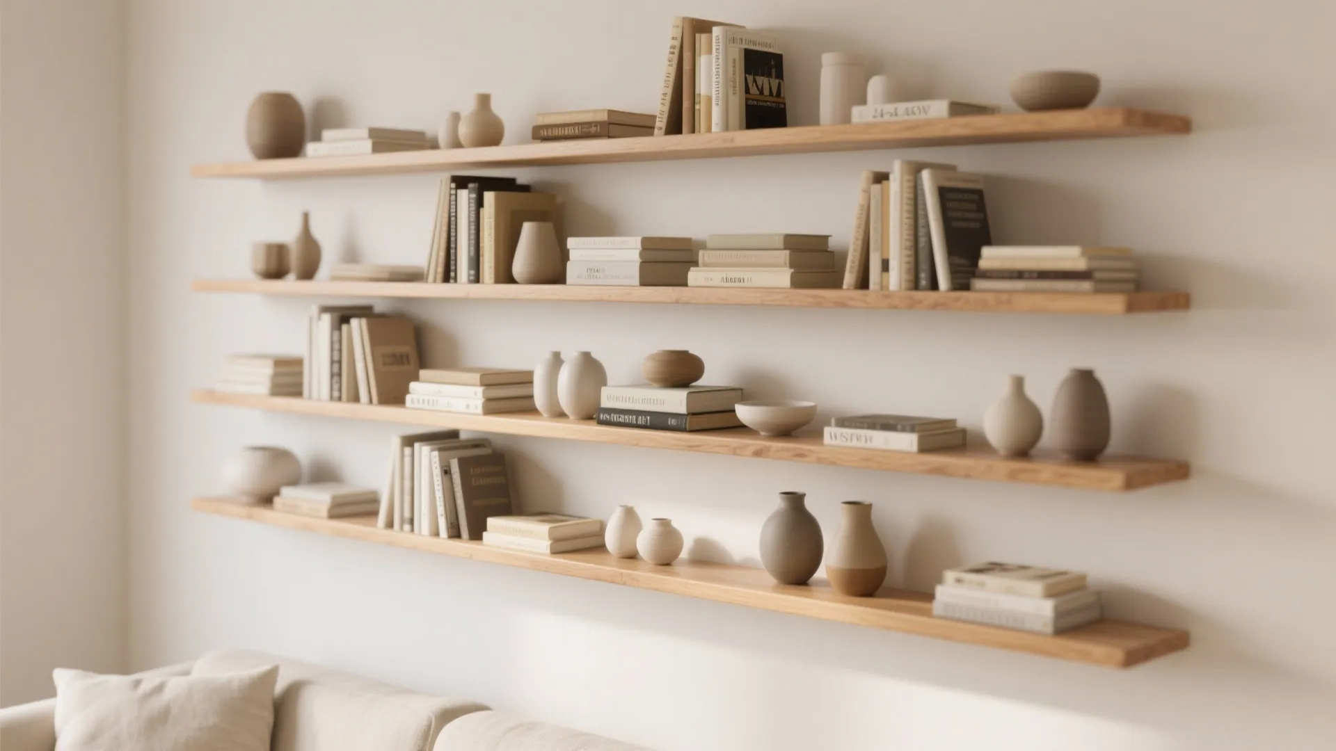 Floating shelves with curated objects