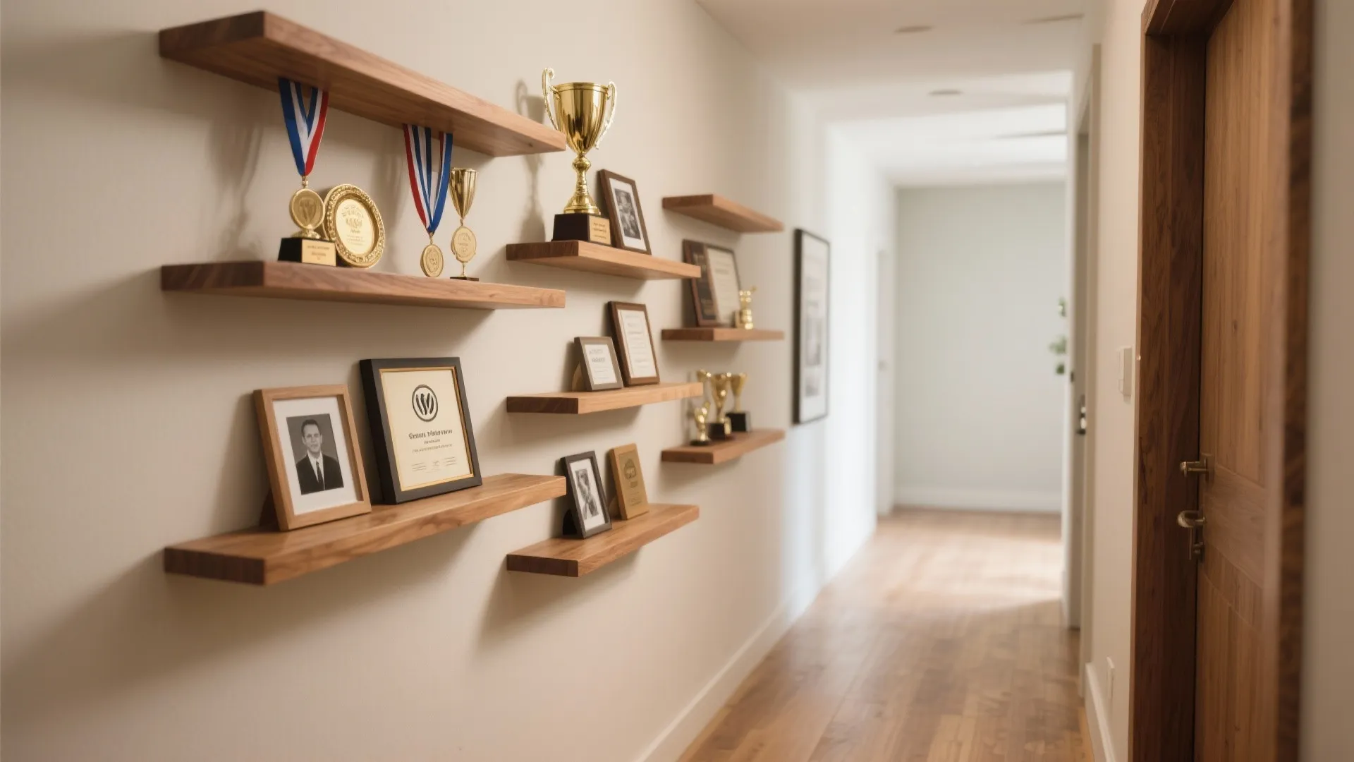 Modern hallway with wooden shelves holding gold trophies, medals, and framed photos on white walls