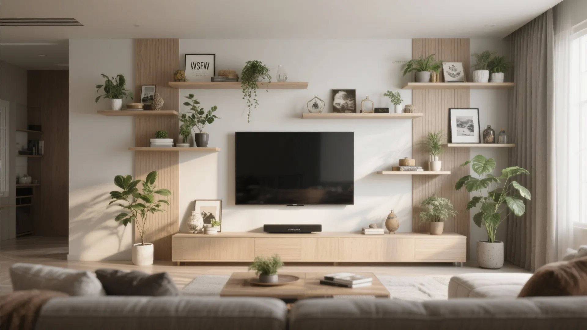Living room wall featuring television several wooden shelves with green plants and light wood cabinet