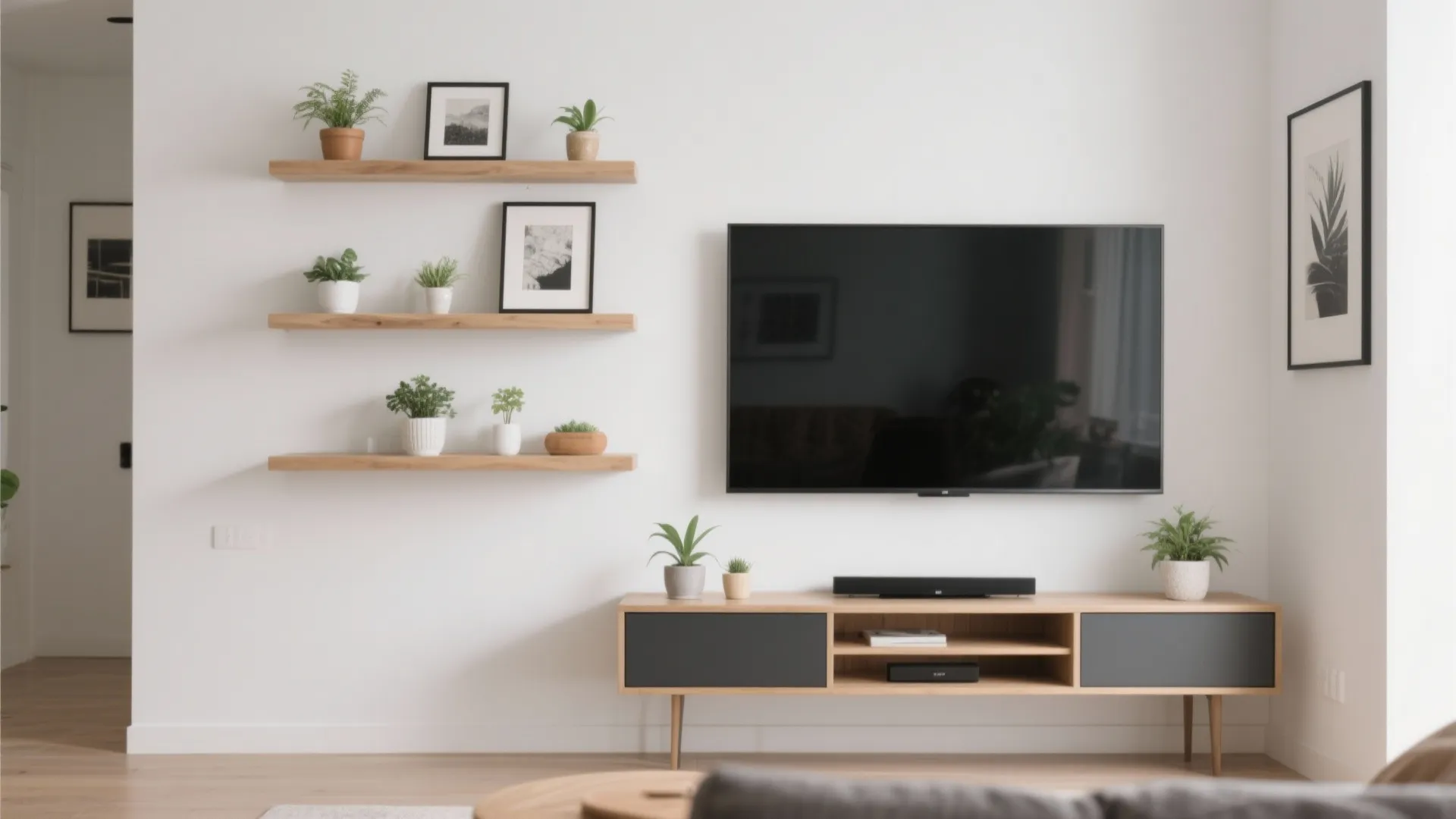 Modern white wall with wooden floating shelves small potted plants television and a wooden cabinet