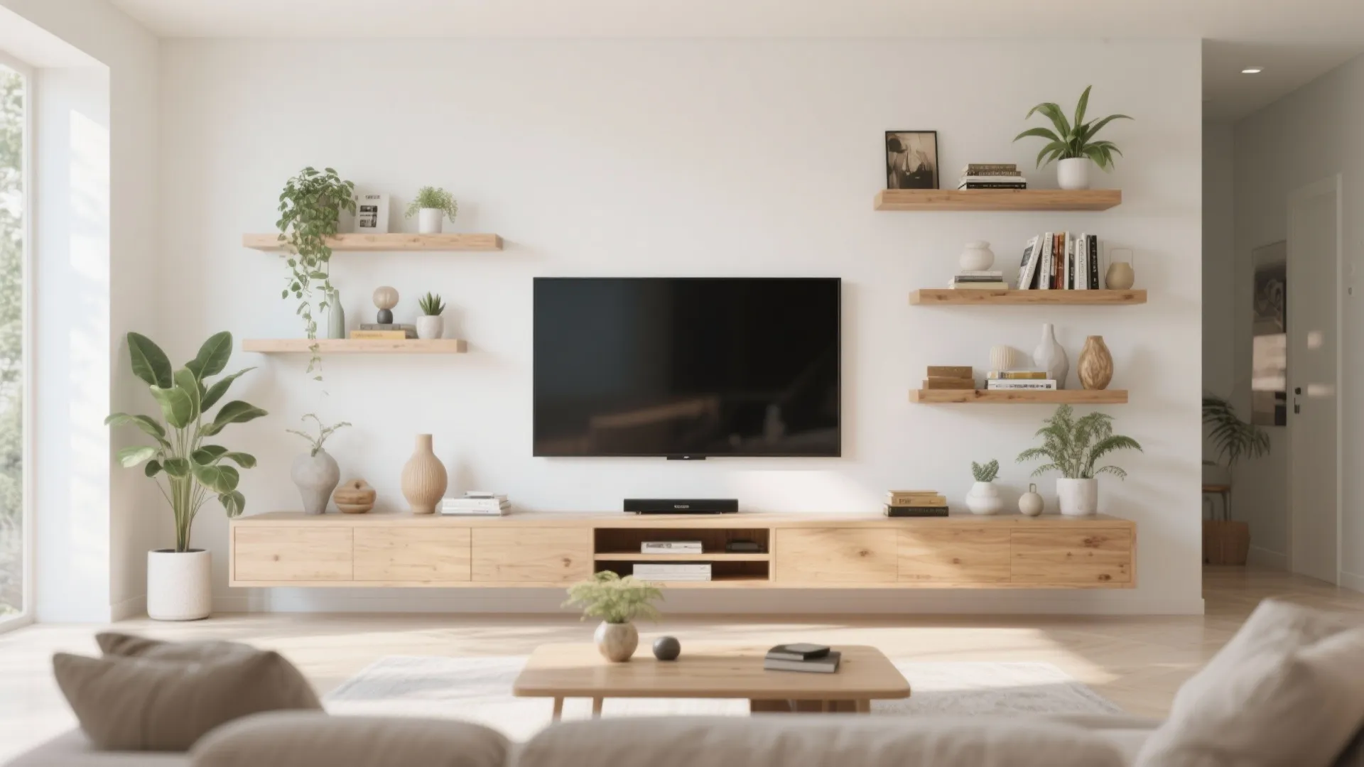Minimalist living room with wooden floating shelves around a wall mounted television and light cabinet
