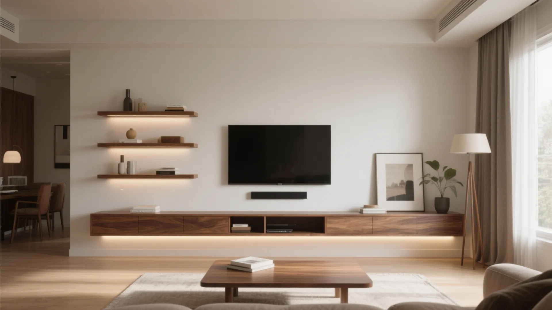 Minimalist living room featuring wooden floating shelves long cabinet wall light and floor lamp design