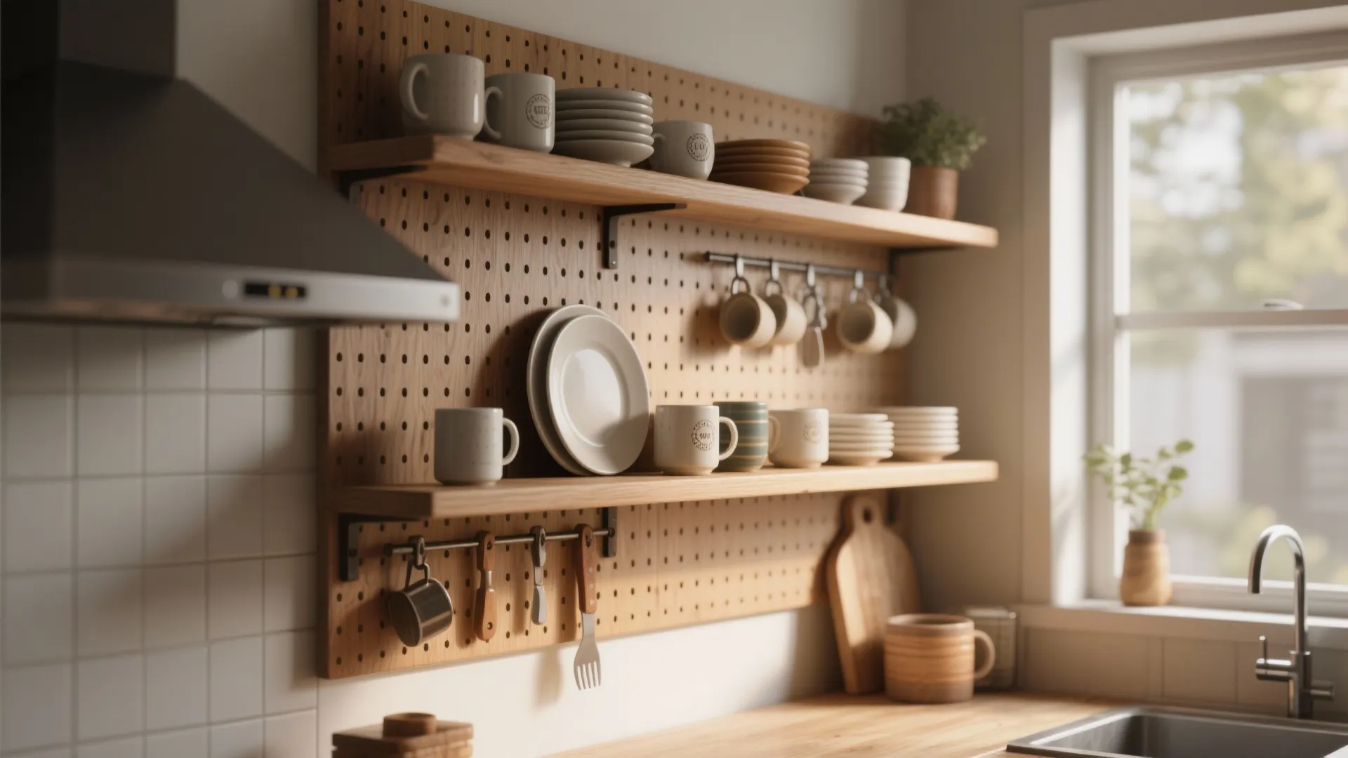 Floating shelves and a vertical pegboard storing mugs and kitchen tools in a tiny kitchen.