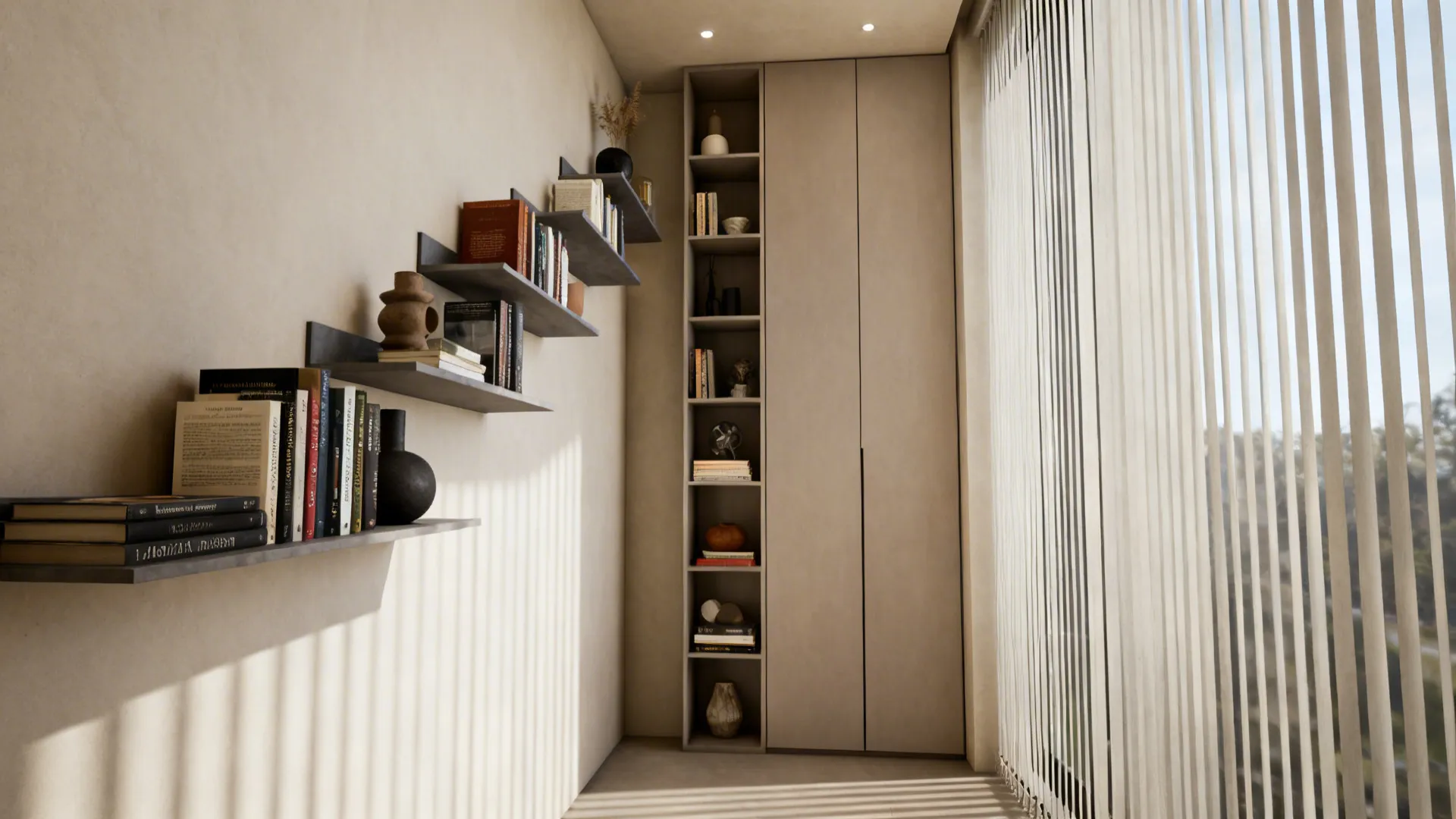 Staggered floating shelves and a tall narrow cabinet on a light wall to maximize vertical storage.