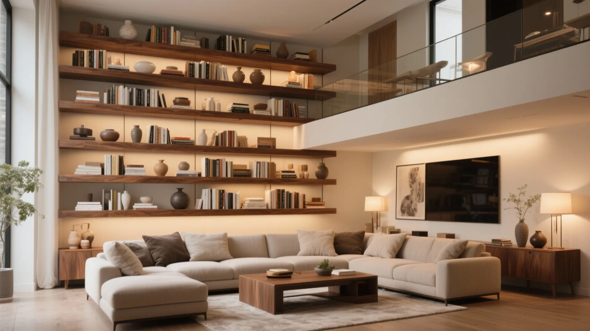 Modern living room with a large white sofa wooden coffee table and back lit wall shelves