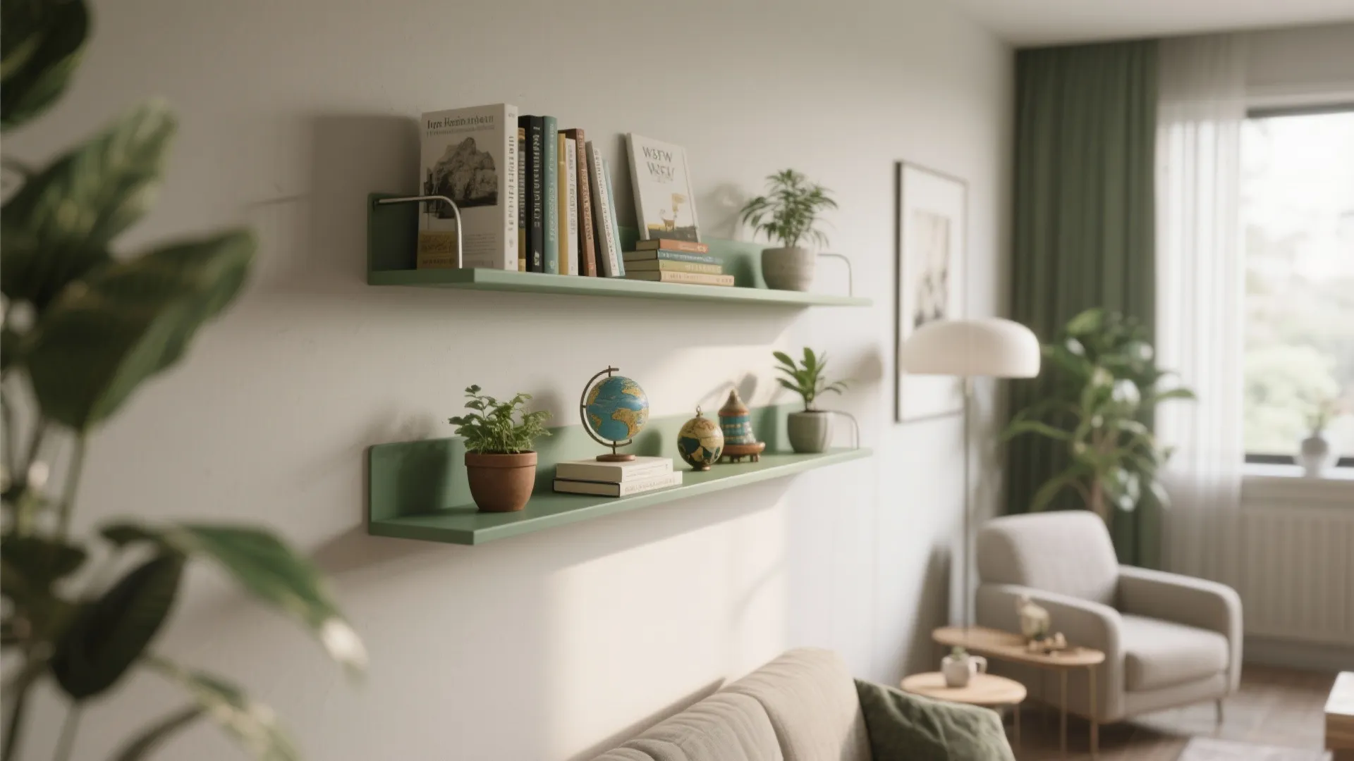 Two green floating wall shelves holding books plants and a small globe in a room