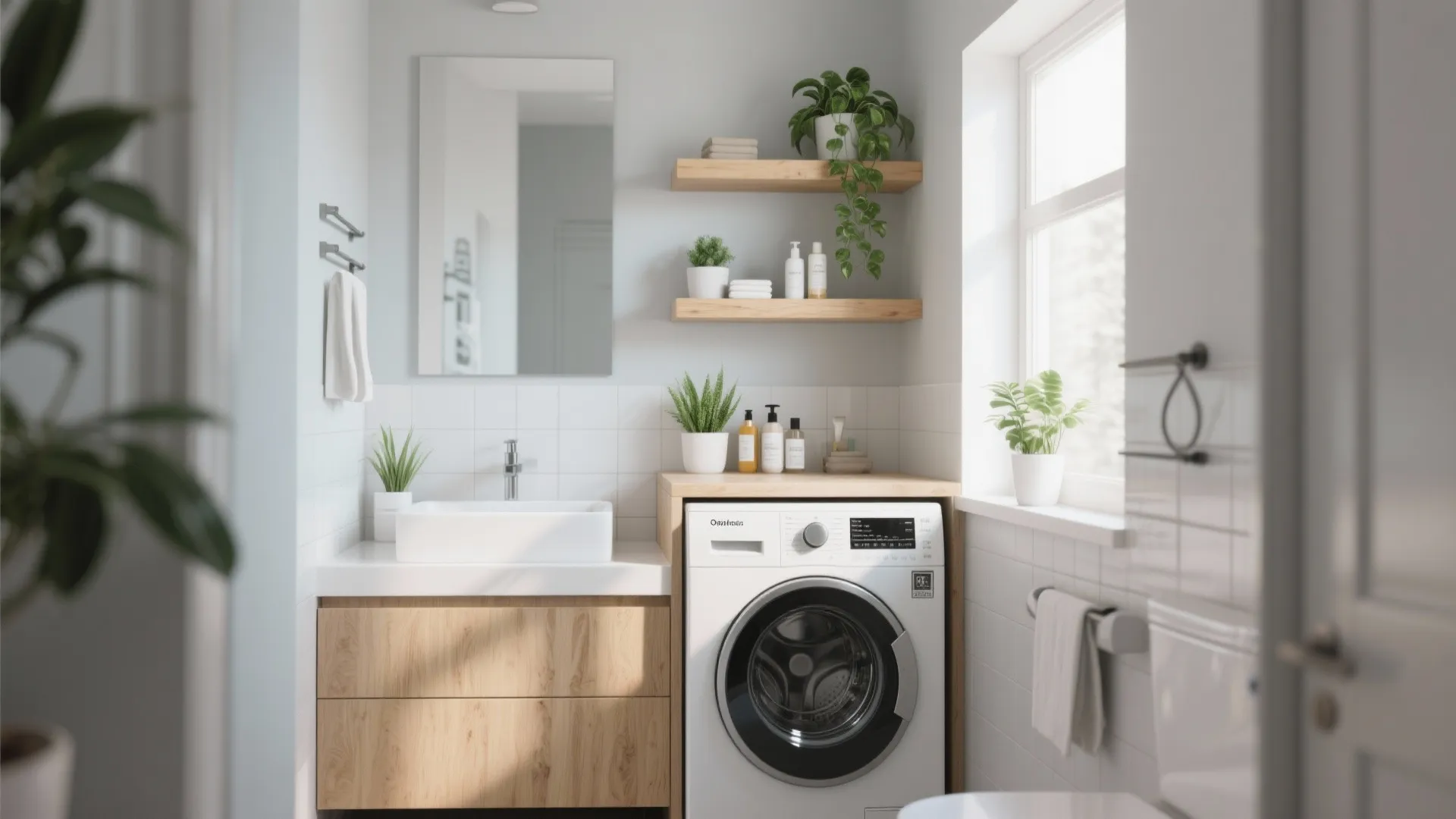 Bright bathroom with washing machine under wooden counter beside a sink and wooden wall shelves