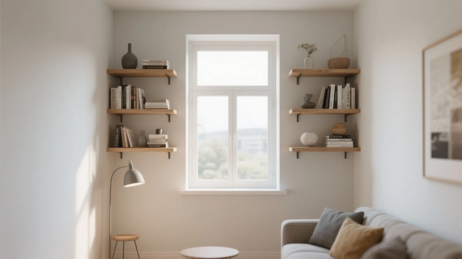 Minimalist room with window wooden shelves holding books and decor next to a grey sofa