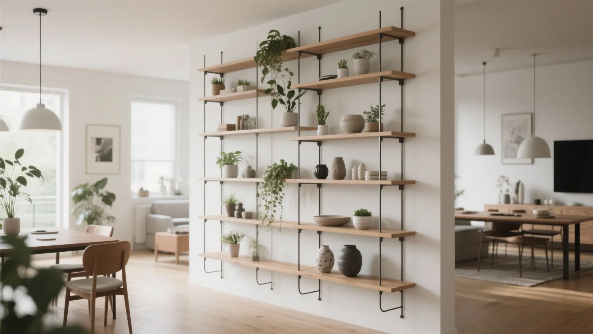 2. Floating shelving that defines but doesn’t enclose