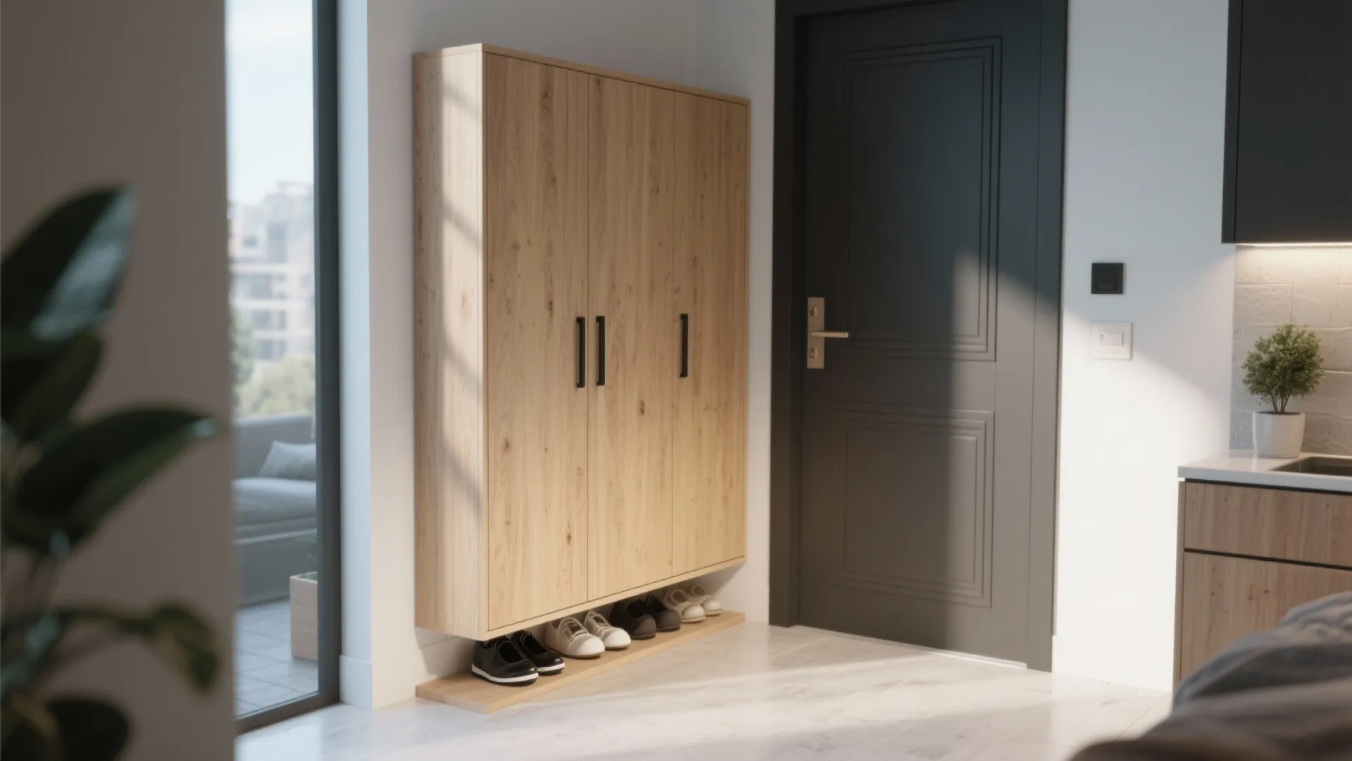 Slim floating shoe cabinet in modern entryway