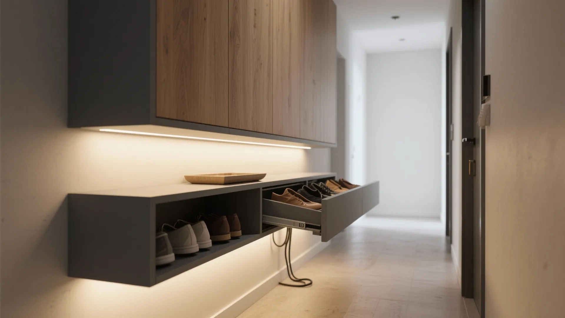 3) Floating wall unit with recessed lighting and shoe drawer