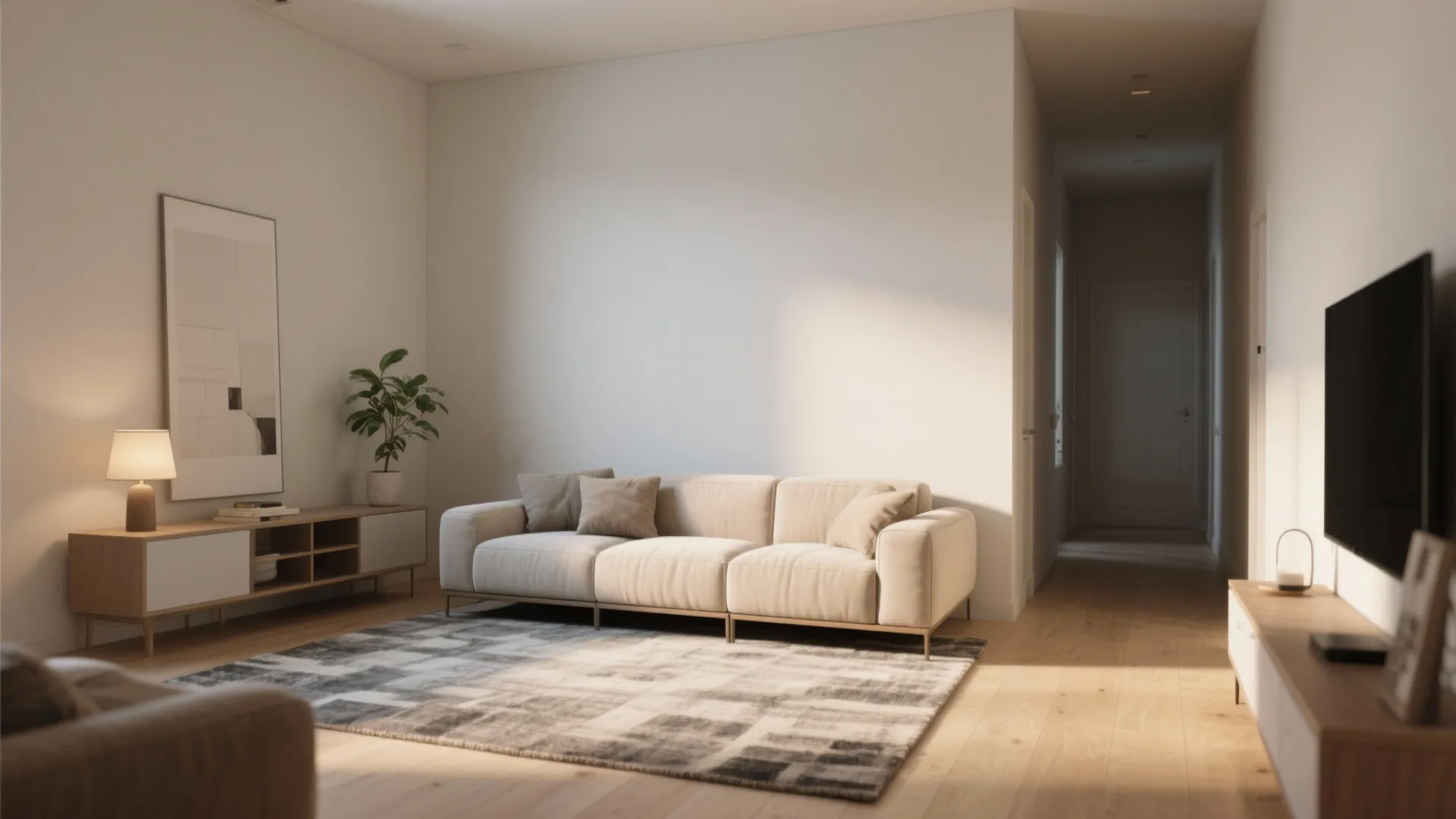 Small living room with the shorter side of a sectional floated away from the wall, a low console behind, and a rug defining the zone.