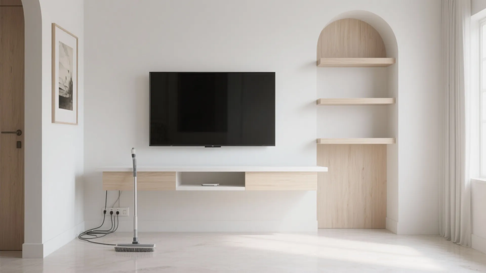 Minimalist white living room with wall mounted television wooden cabinet arched wall shelf and broom