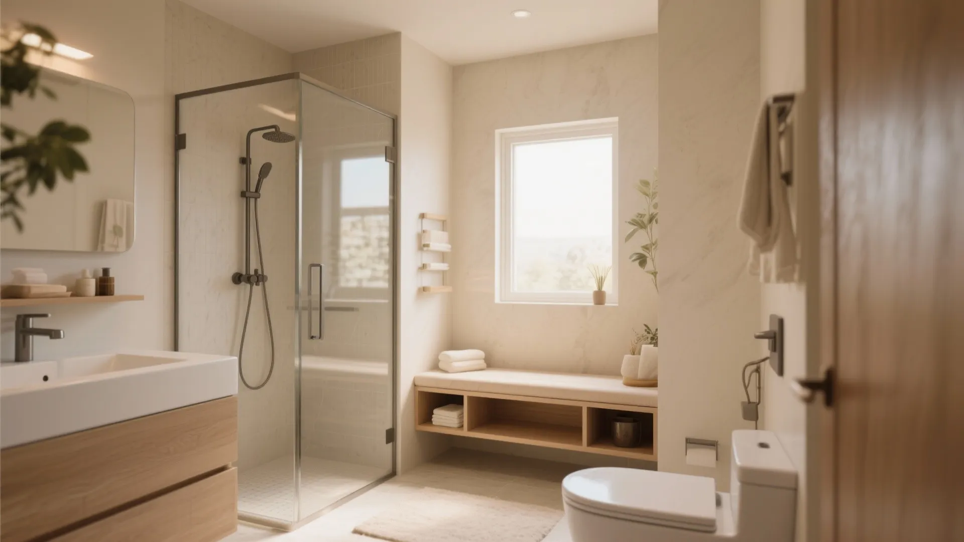 Bright bathroom interior design with glass shower door wooden vanity white toilet and sitting bench