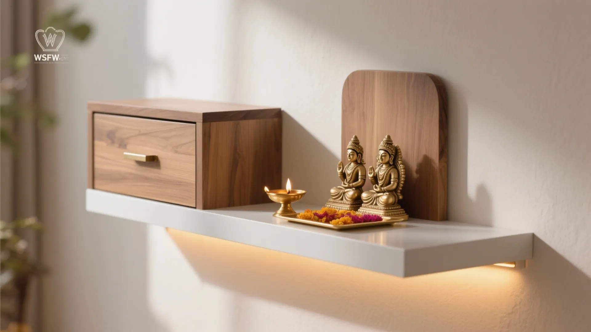 White floating shelf with wooden cabinet and small gold statues next to a lit candle